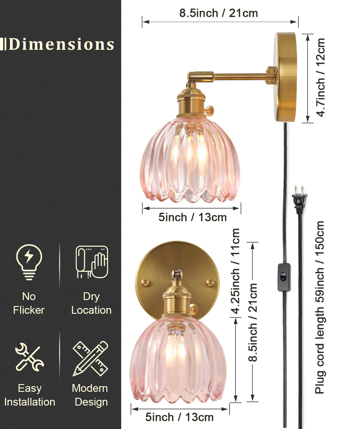 BinoBro Wall Sconce, Vintage Tulip Crystal Glass Shade, Hardwired/Plug-in, Pink, Model WL24555