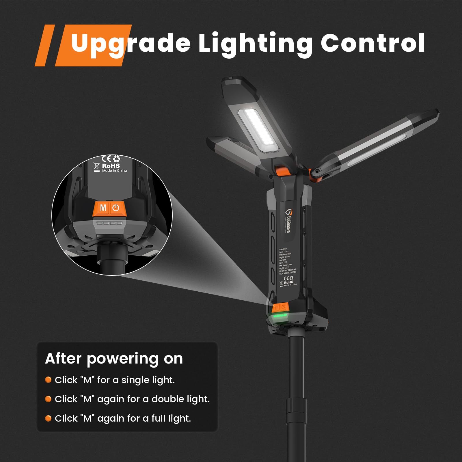 Gogonova 2025 Rechargeable Work Light - 700/1200/2200 Lumens, Dimmable LED, 57" Stand, Gray, Cordless Camping Lamp