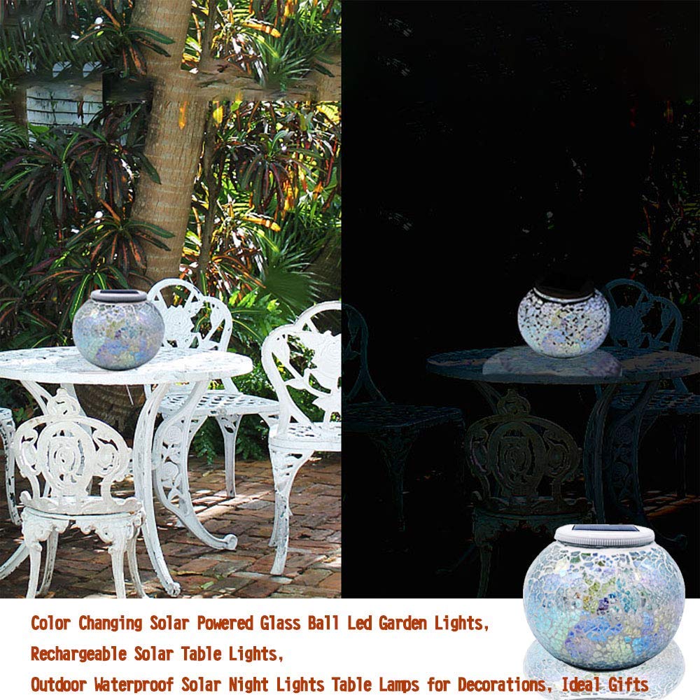 SmilingTown Solar Powered Mosaic Table Lamp - Waterproof LED Night Light,  le Glass, White, Model B07H24K7GX