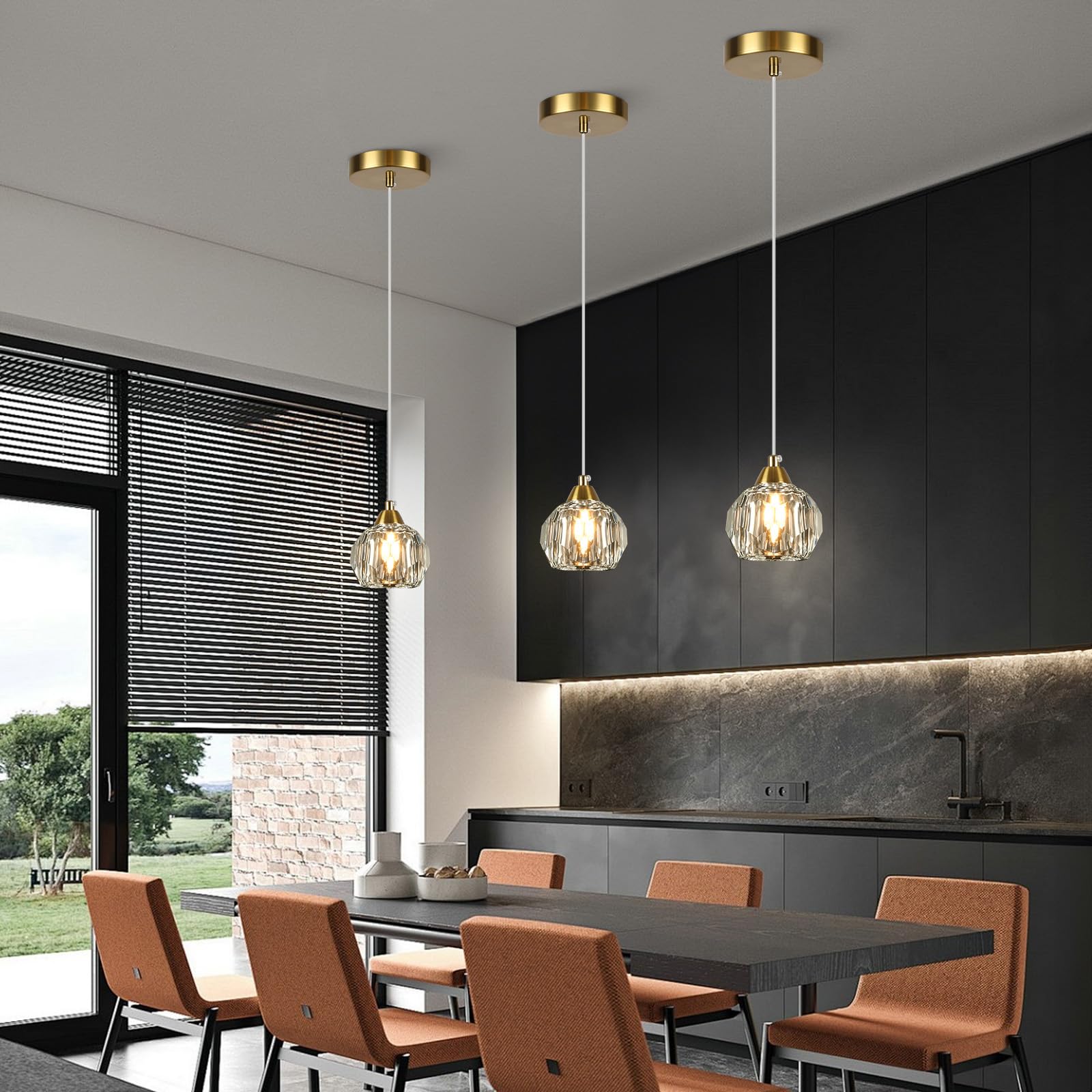 Weesalife Crystal Chandeliers, 3-Pack Brass Modern Pendant Light Fixture, A8817 for Dining Room, Kitchen Island, Bathroom, Bar