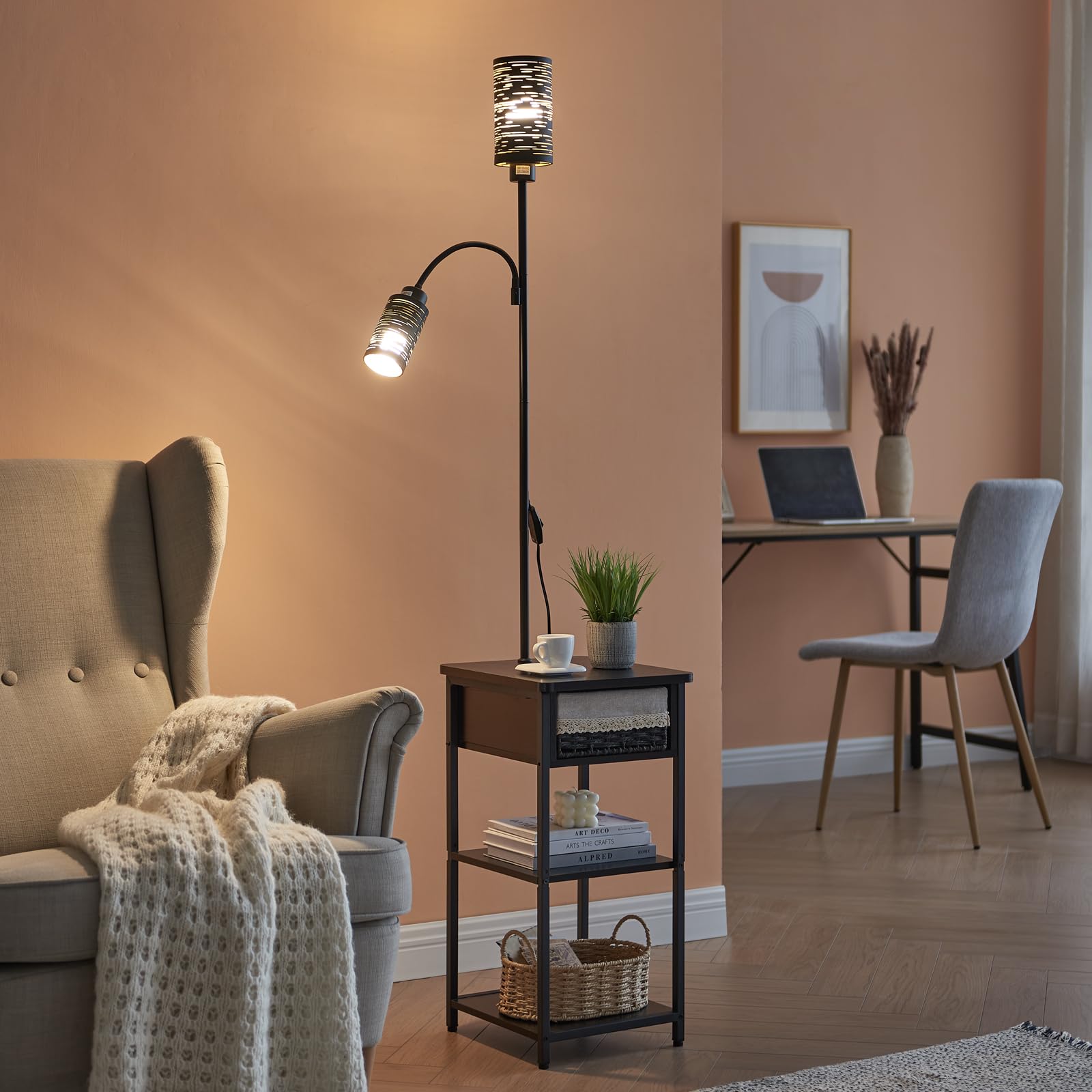 BAMGROW Floor Lamp with End Table, Black Wicker Drawer and Storage Shelf, 2 Bulbs Included, Ideal for Small Spaces in Living Room or Bedroom
