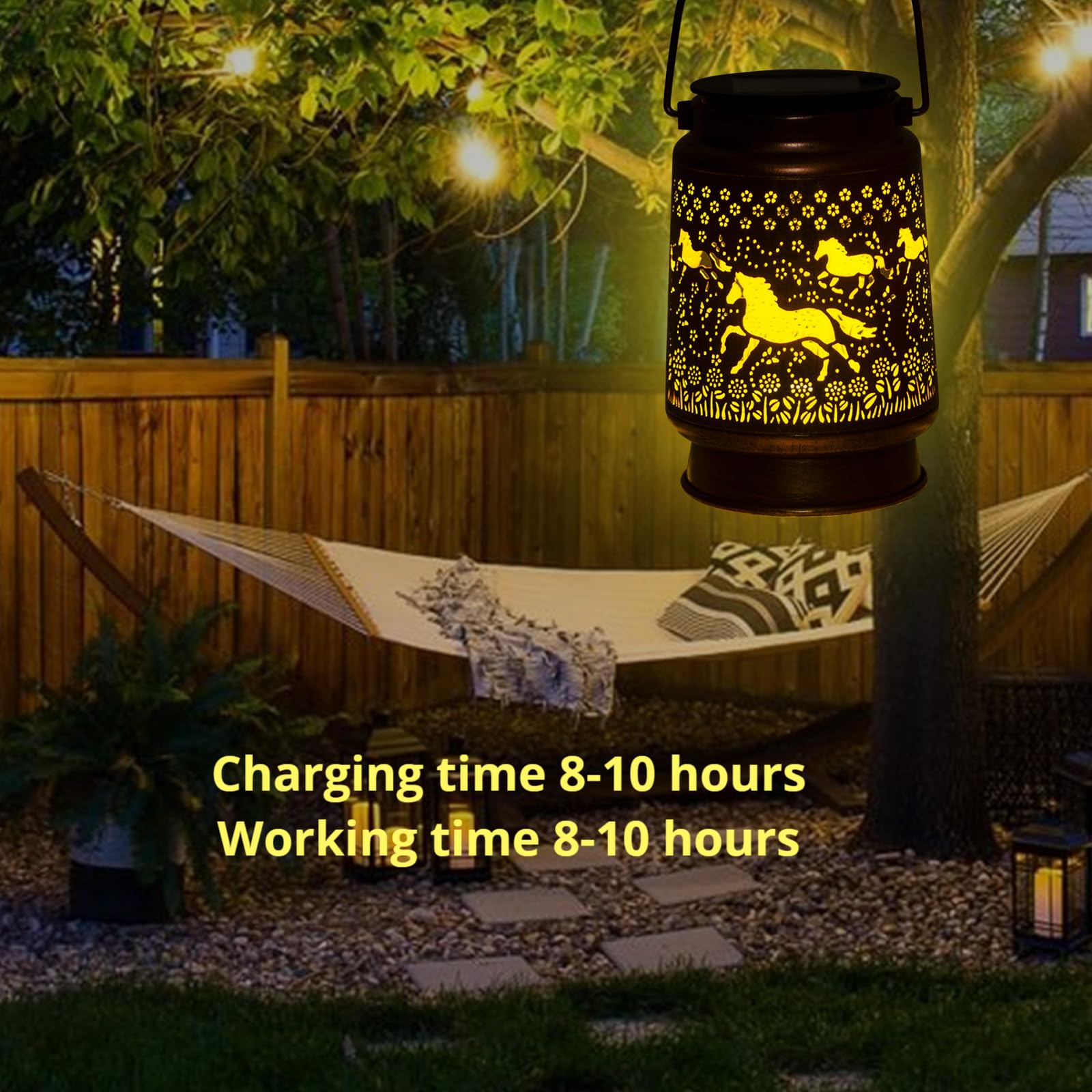 KIKUSUI Solar Lanterns for Outdoor Decor, Metal LED Lanterns, Warm White Horses, Model D7-DL12