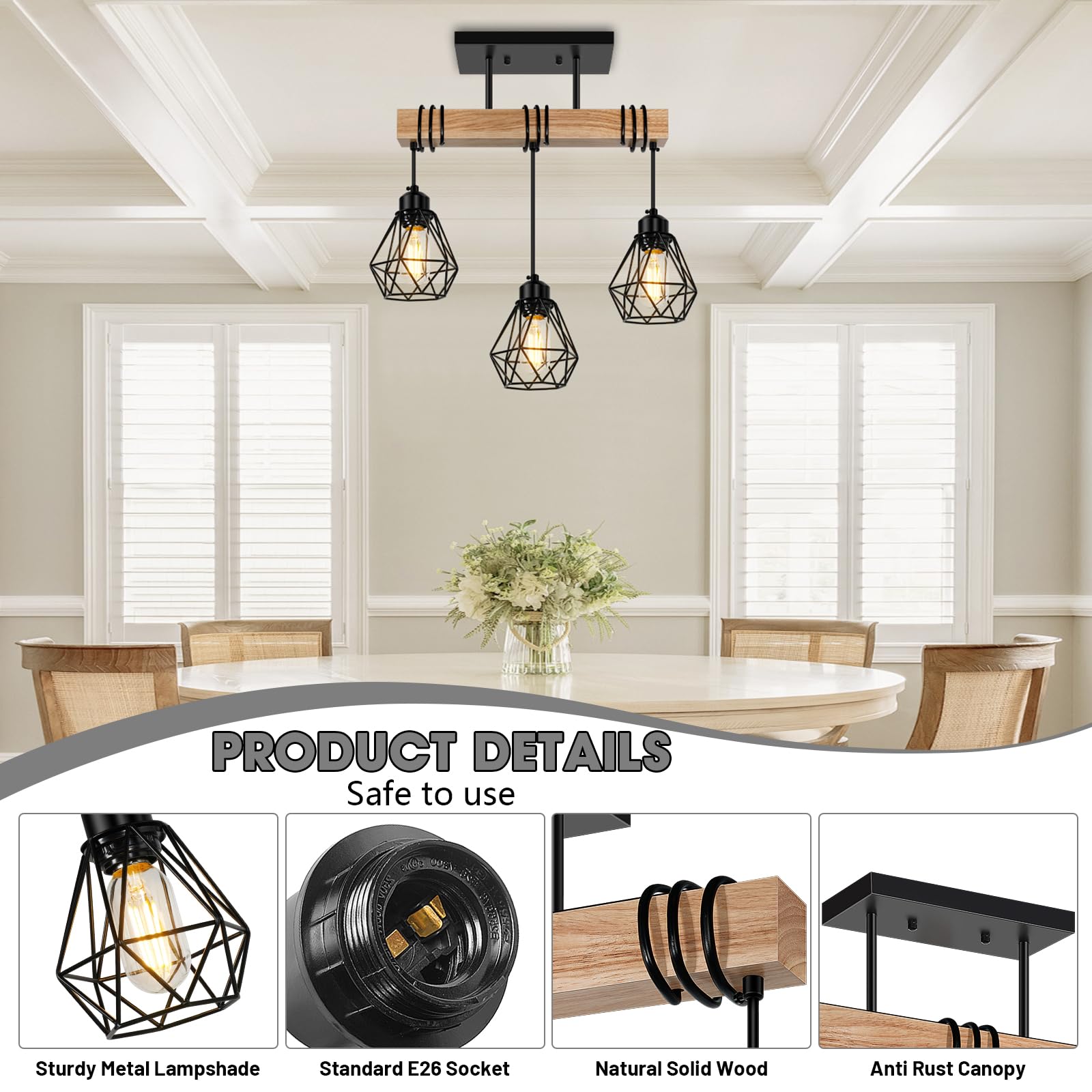 Feanron 3-Lights Farmhouse Pendant Light Fixtures, Black Metal Shades, Rustic Solid Wood, Model ZSLDD-3L for Dining Room and Kitchen
