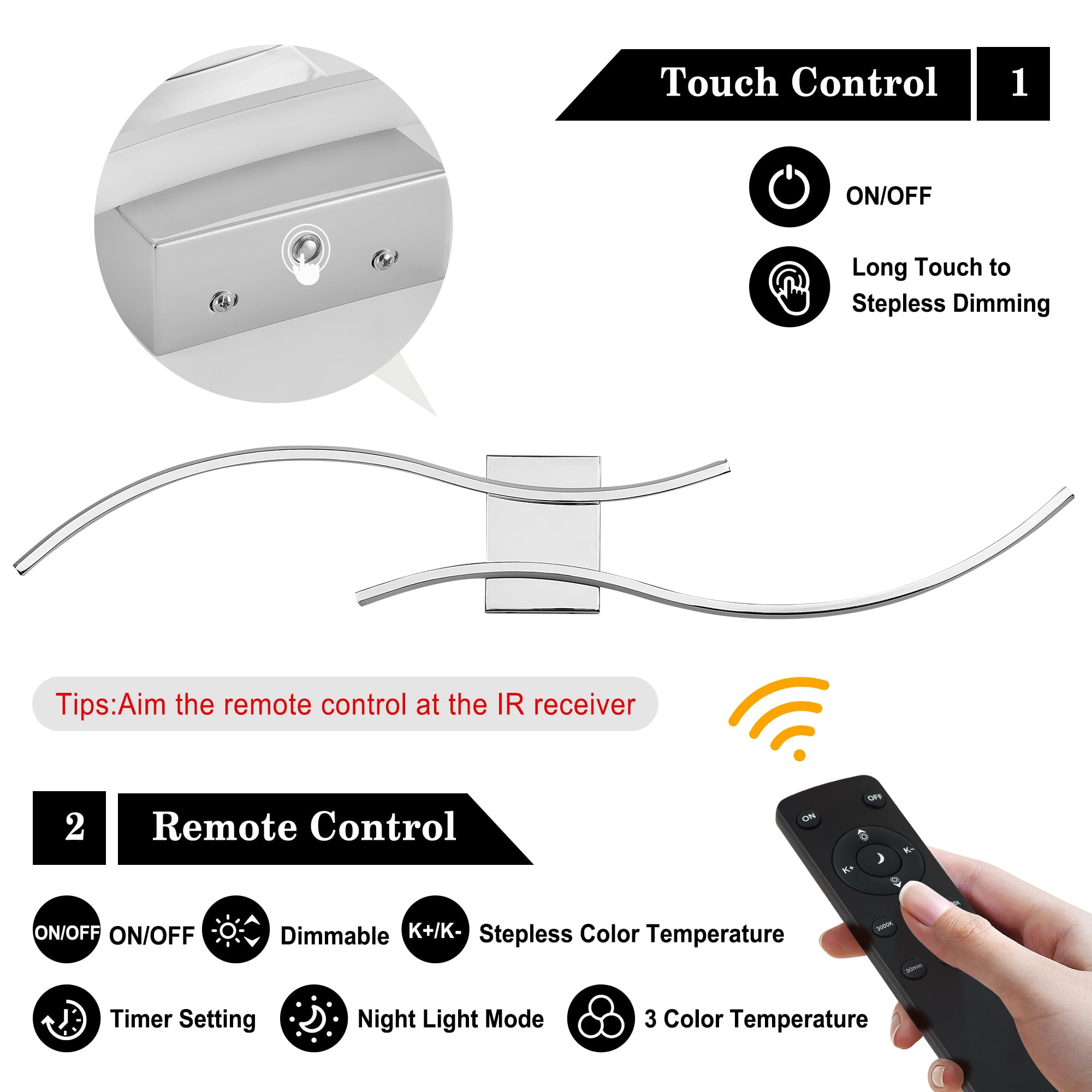 KARTOOSH LED Wall Sconces Set of 2, Battery Operated, Remote Control, Dimmable, Chrome, 39.3 Inches, Model ZM319BCM100