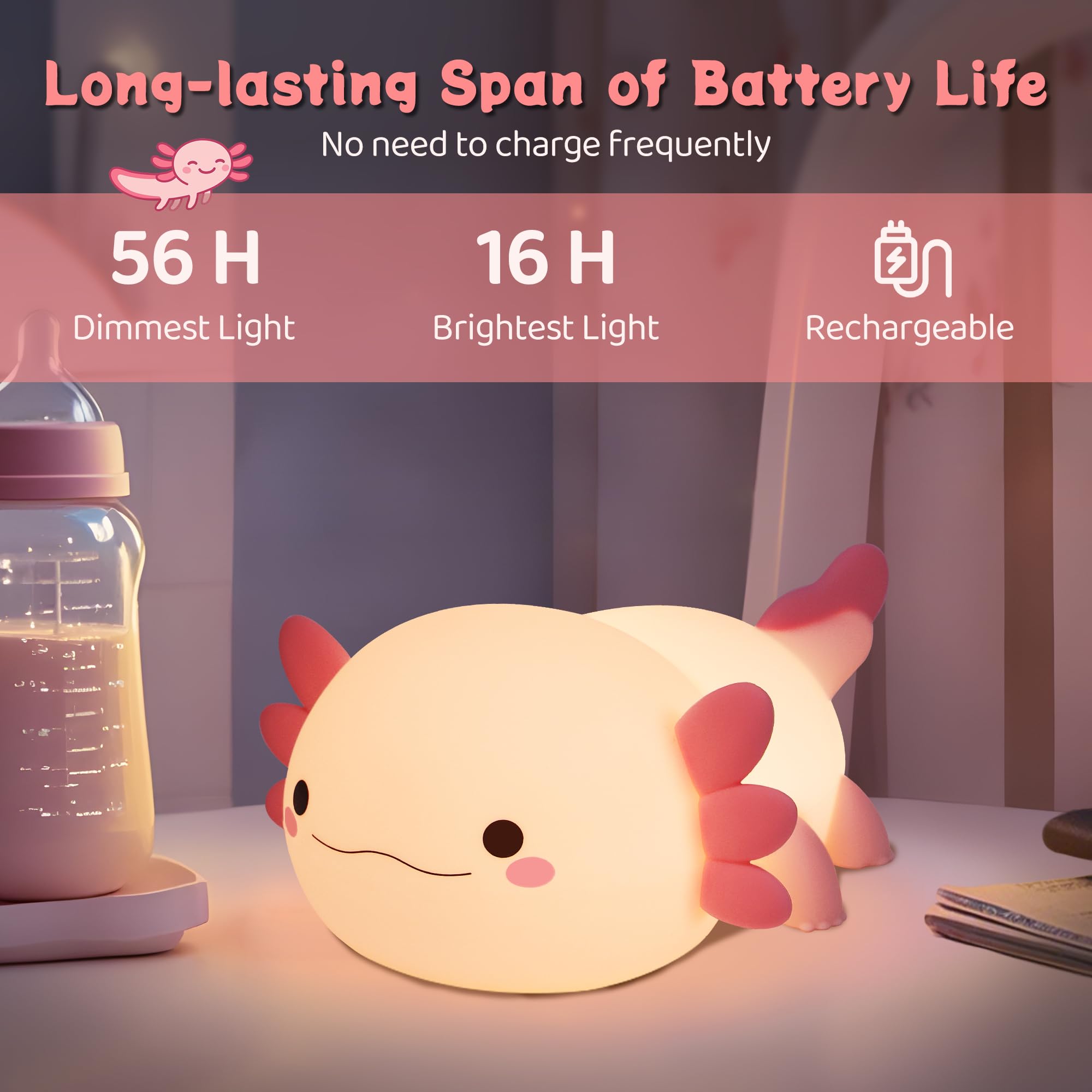 YuanDian Axolotl Night Light, Gift for Adults Teens and Babies. Decorate Kids Bedroom with Cute Silicone Axolotl Nightlights, C