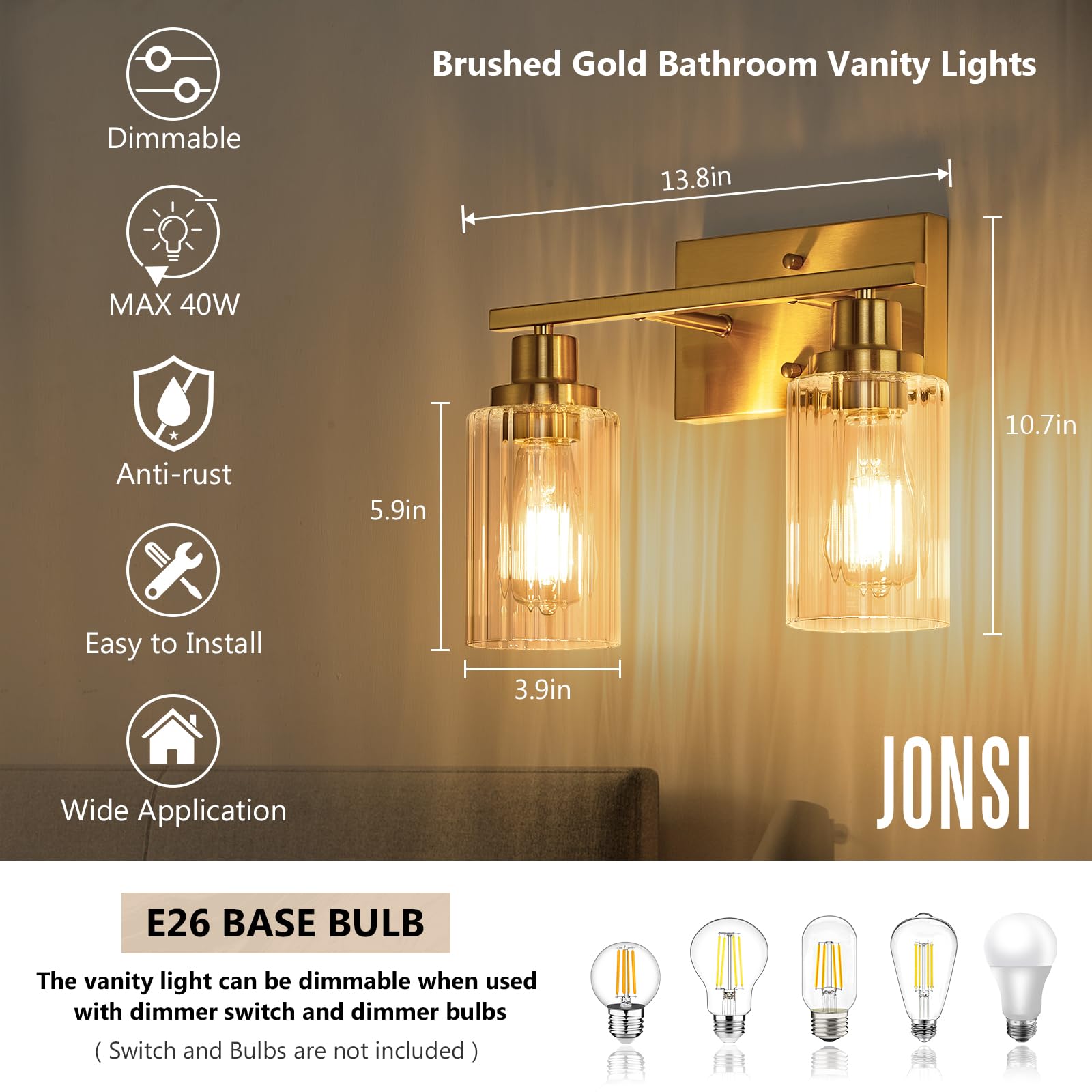 Jonsi Gold Bathroom Light Fixtures, 2 Light Brushed Gold Bathroom Vanity Lights With Fluted Glass Shade, Modern Gold Bathroom Lights Over Mirror, Vanity Lighting Fixtures, X003W-2Agb