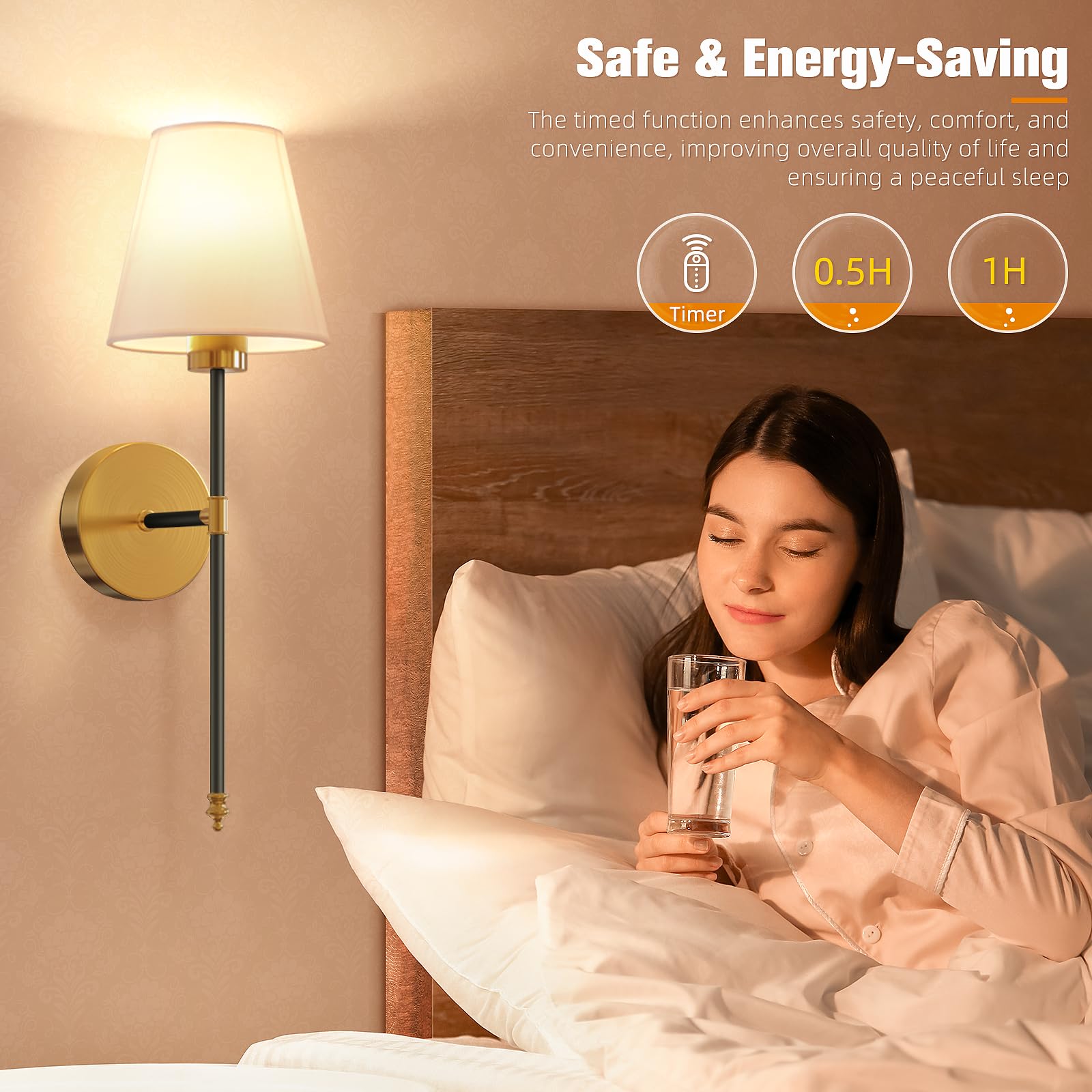 NIORSUN Wall Sconce Set of 2, 19.9 Inch Black-Gold Metal Lights with Dimmable Bulbs, Remote, Rechargeable, Model SW025