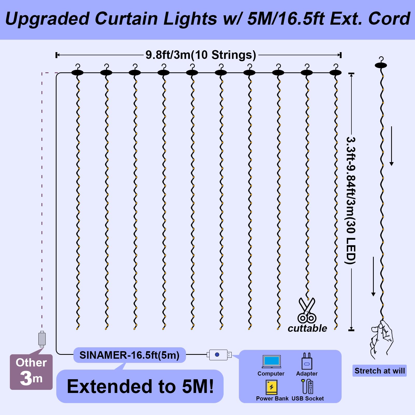 SINAMER Curtain Light USB Powered Fairy Lights, 9.8ft x 9.8ft, Copper Wire, 8 Lighting Modes, Remote Control, Blue