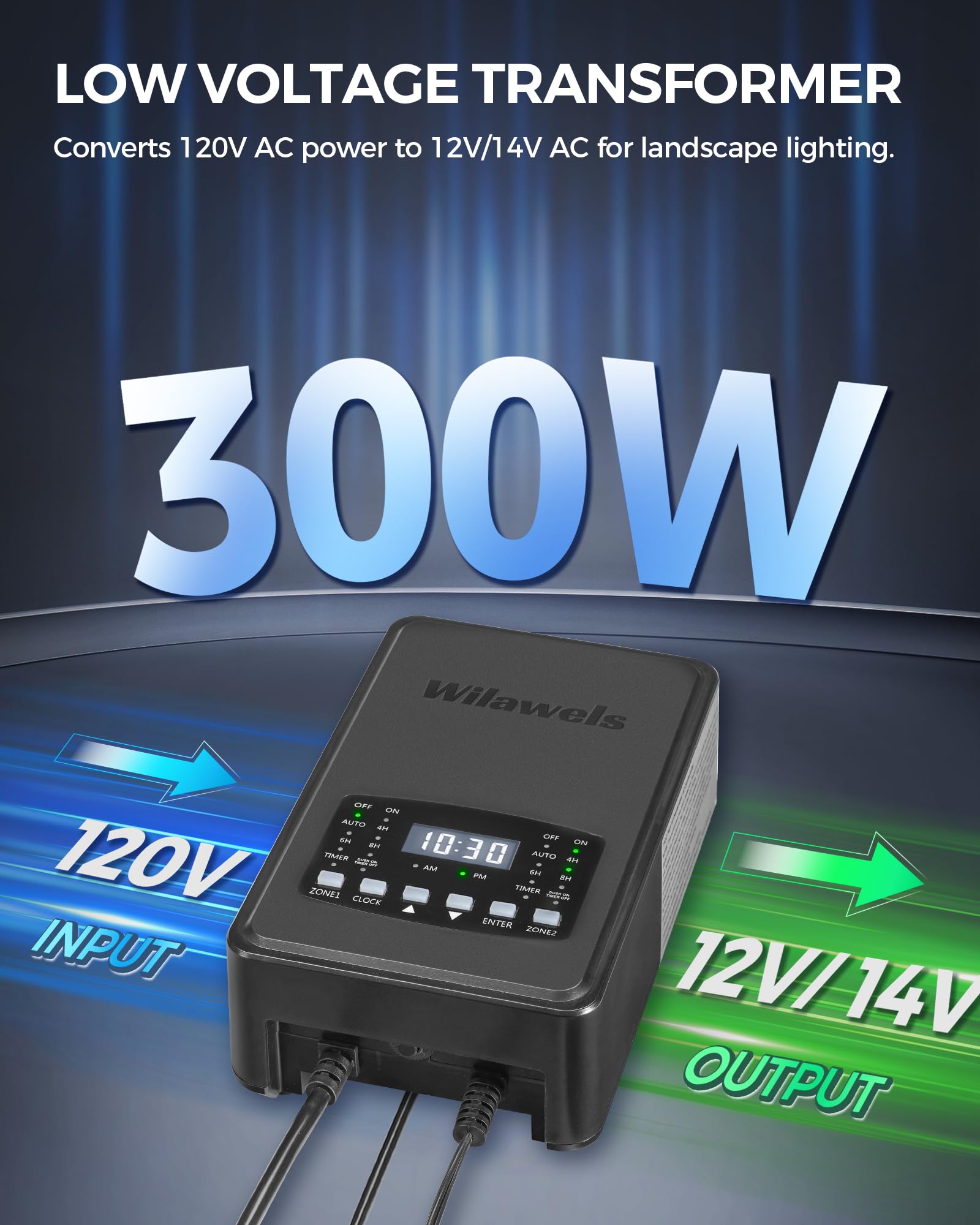 Wilawels 300W Low Voltage Landscape Transformer, 2 Zone Independent Control, Landscape Lighting Transformer, 120V Ac To 12/14V A