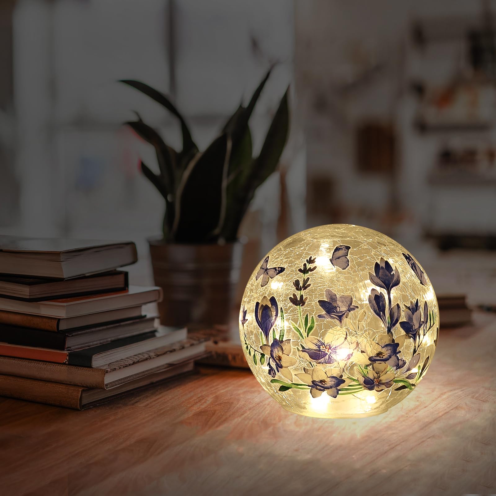 Idealxmas Glass Sphere Light With Timer - Glass Crystal Lamp, Battery Operated Table Lamp With Blue Flower