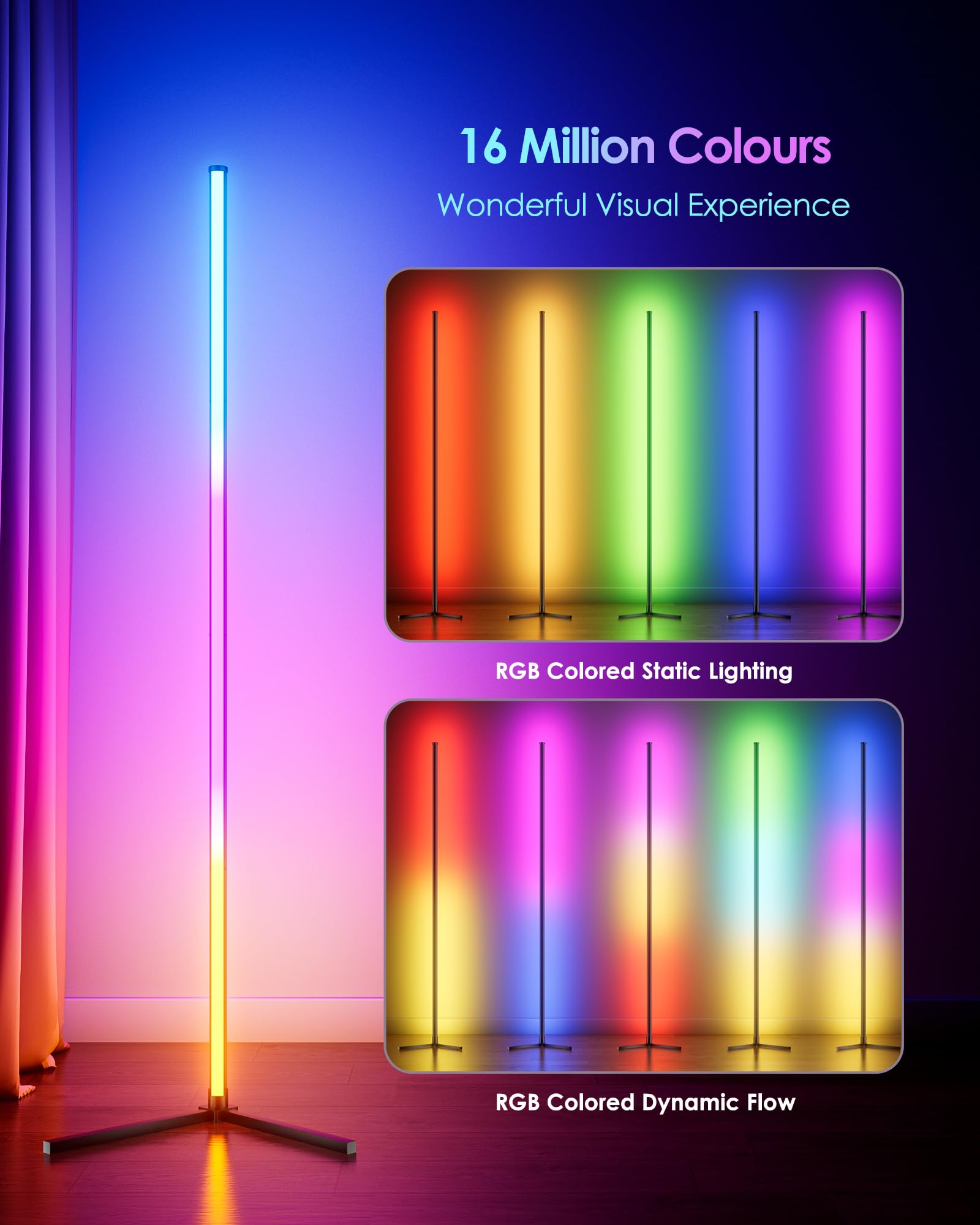 CCACC 65" Smart RGB Corner Floor Lamp - Black Aluminum, APP & Remote Control, Mood Lighting with Music Sync