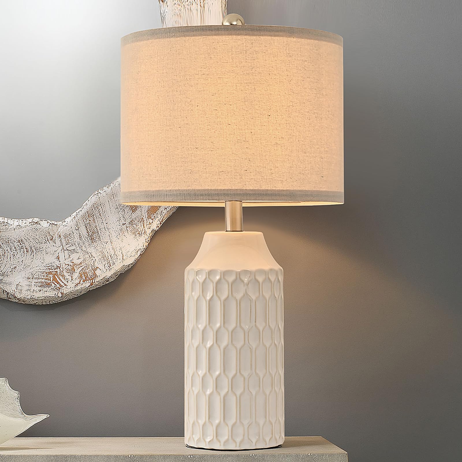 Easebri 22 Modern White Ceramic Table Lamp Set of 2 - Tall Bedside Nightstand Lamps for Living Room, Farmhouse Rustic Decor