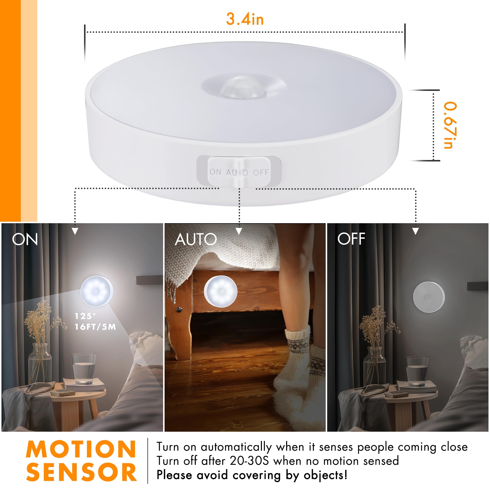 EverBrite Puck Lights 6 Pack with Remote, Wireless, Rechargeable, Dimmable, Motion Sensor, White, Model E101116