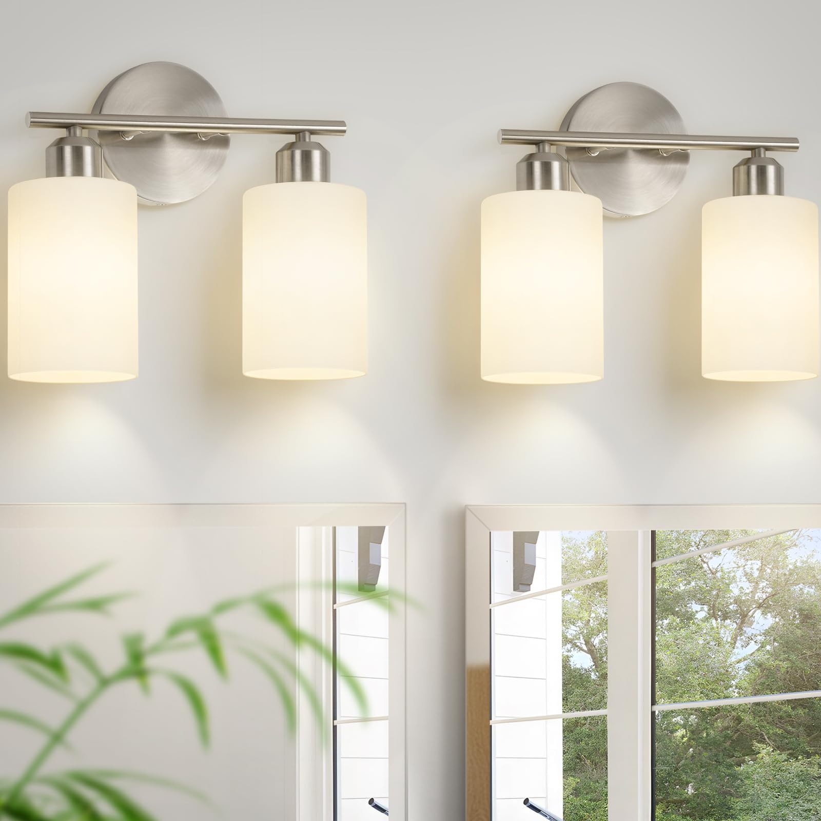 Seable Brushed Nickel Wall Sconces Set Of Two, 2-Light Modern Bathroom Light Fixtures, Wall Lamp With Milky White Frosted Glass