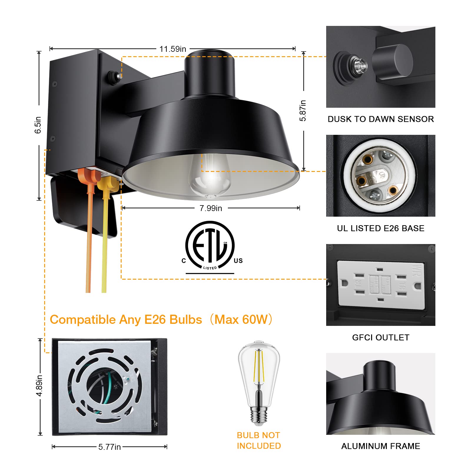Ehaho Dusk to Dawn Porch Light with GFCI Outlet, Waterproof Aluminum Wall Sconce, Black, 1 PCS, Model EH-BD01-LS-1