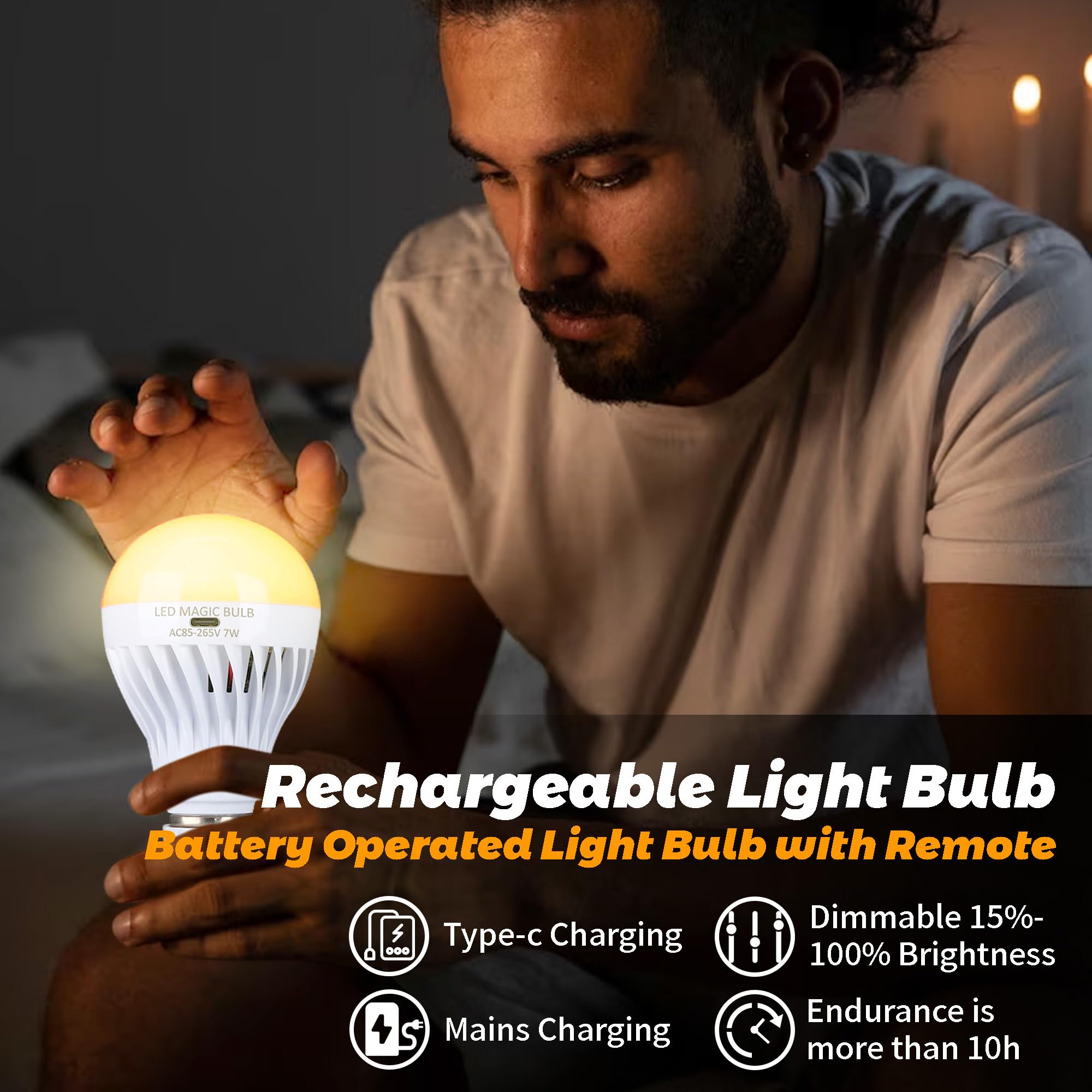 BSOD Rechargeable LED Light Bulbs - USB Powered, Warm Light, Emergency Dimmable, 2 Pack, E26, Plastic
