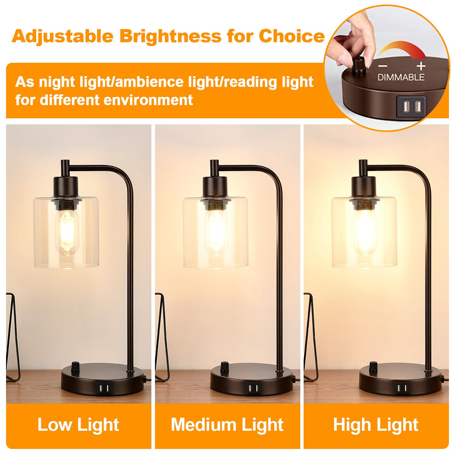 Brown Industrial Table Lamp With 2 Usb Charging Ports, Fully Stepless Dimmable Modern Nightstand Lamp, Glass Shade Bedside Desk