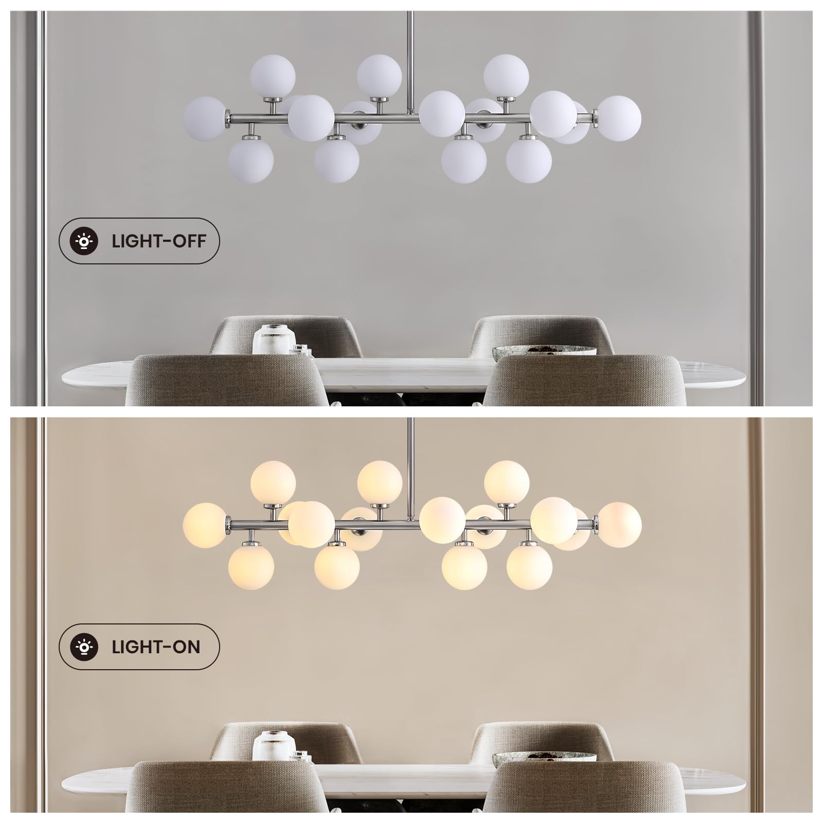 Apbeamlighting Glass Globe Sputnik Chandelier 16 Lights Linear Chandelier Brushed Nickel And Milky White Mid Century Modern Pend