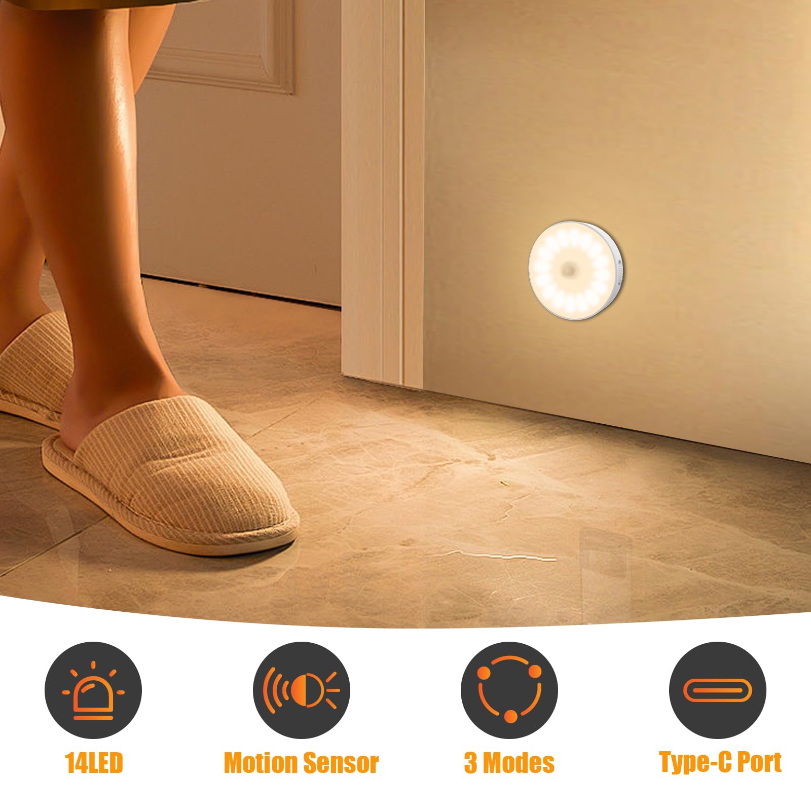 Electight 14 Leds Motion Sensor Light Indoor, 6 Pack Upgraded Night Light Usb Rechargeable, 3 Light Modes & Long Last Battery, C
