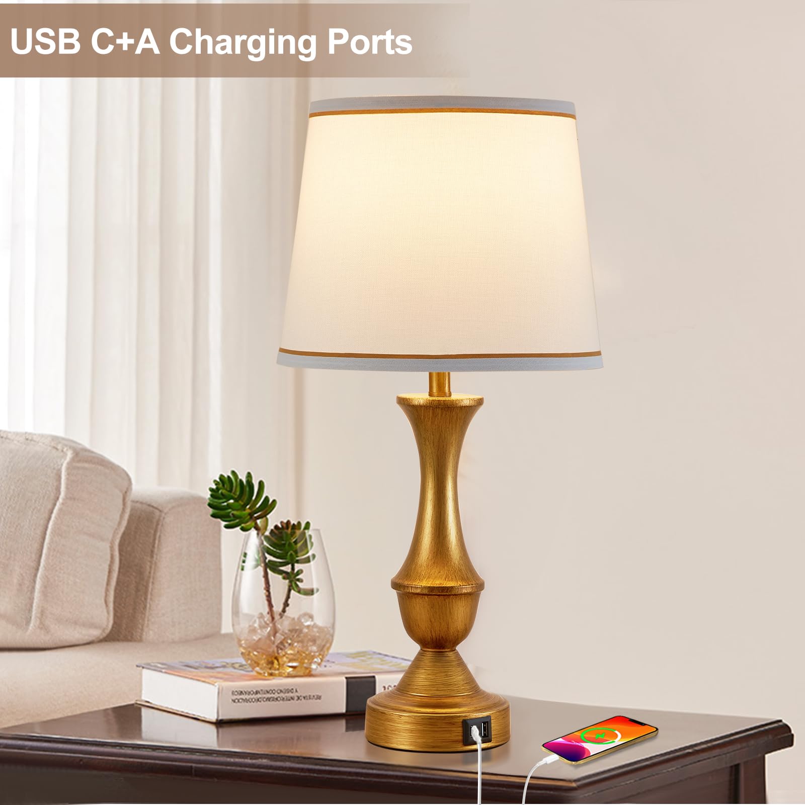 Luvkczc Gold Touch Table Lamps Set of 2, 22" Dimmable Nightstand Lamps with USB Ports, White Lampshade, Model L-73008H