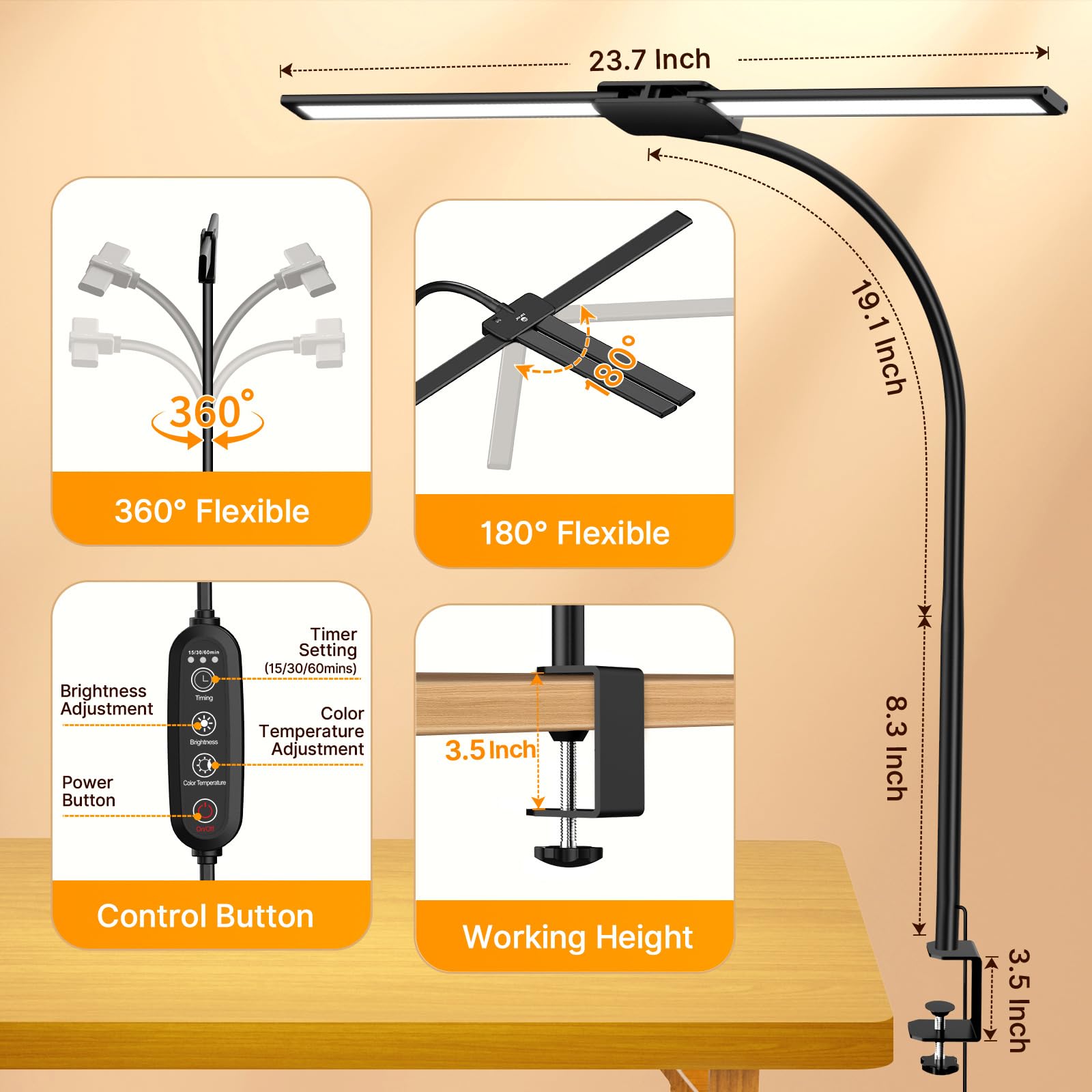 Syrinx Desk Lamp With Clamp, Double Head Desk Lamps For Home Office With Gesture Sensor Switch, Eye-Caring Led Desk Lamp With Fl