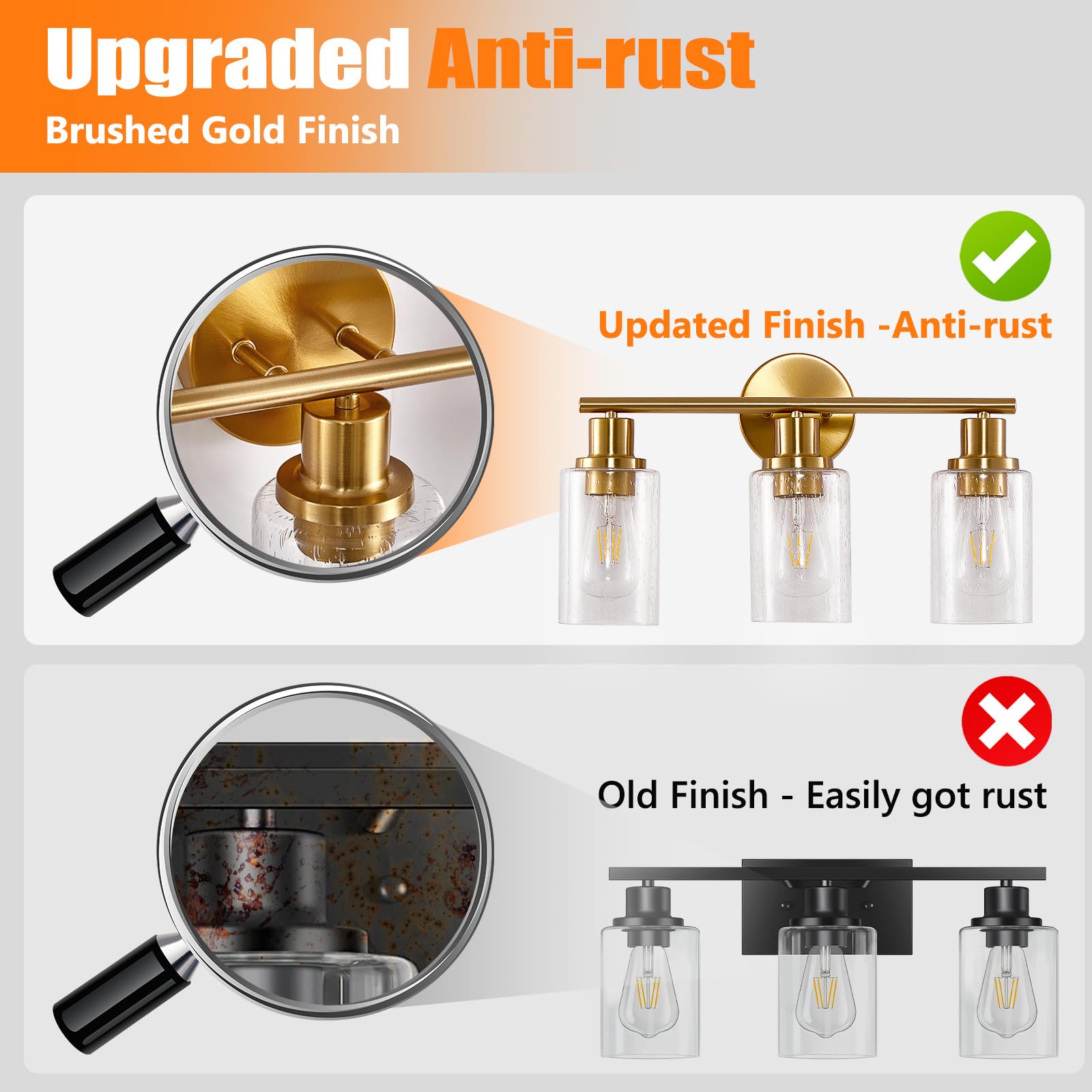 DINGLILIGHTING 3-Light Bathroom Light Fixtures, Brushed Gold & Bubbled Glass, Modern Vanity Wall Lamp for Kitchen, Living Room, Hallway