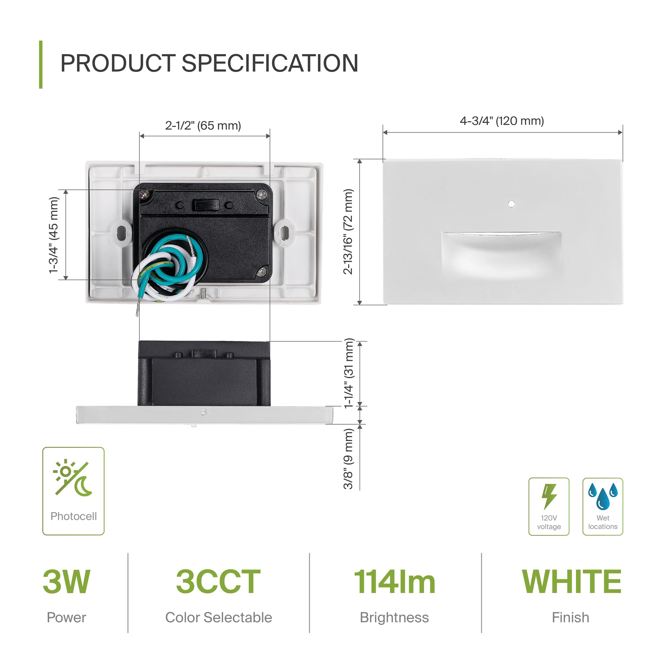 ASD LED Recessed Step Light Fixture, 3W 120LM, 3000K-5000K, 4.75 Inch, White, Model A-STL-H1W