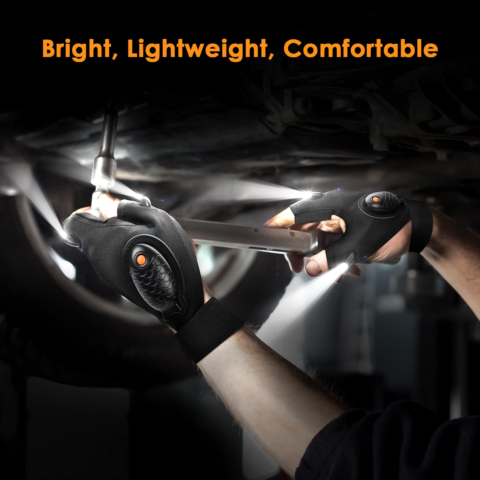 PARIGO LED Flashlight Gloves, Rechargeable Waterproof, Black Fish Design, Model DCH-VN02, Perfect for Fishing, Camping, Car Repair