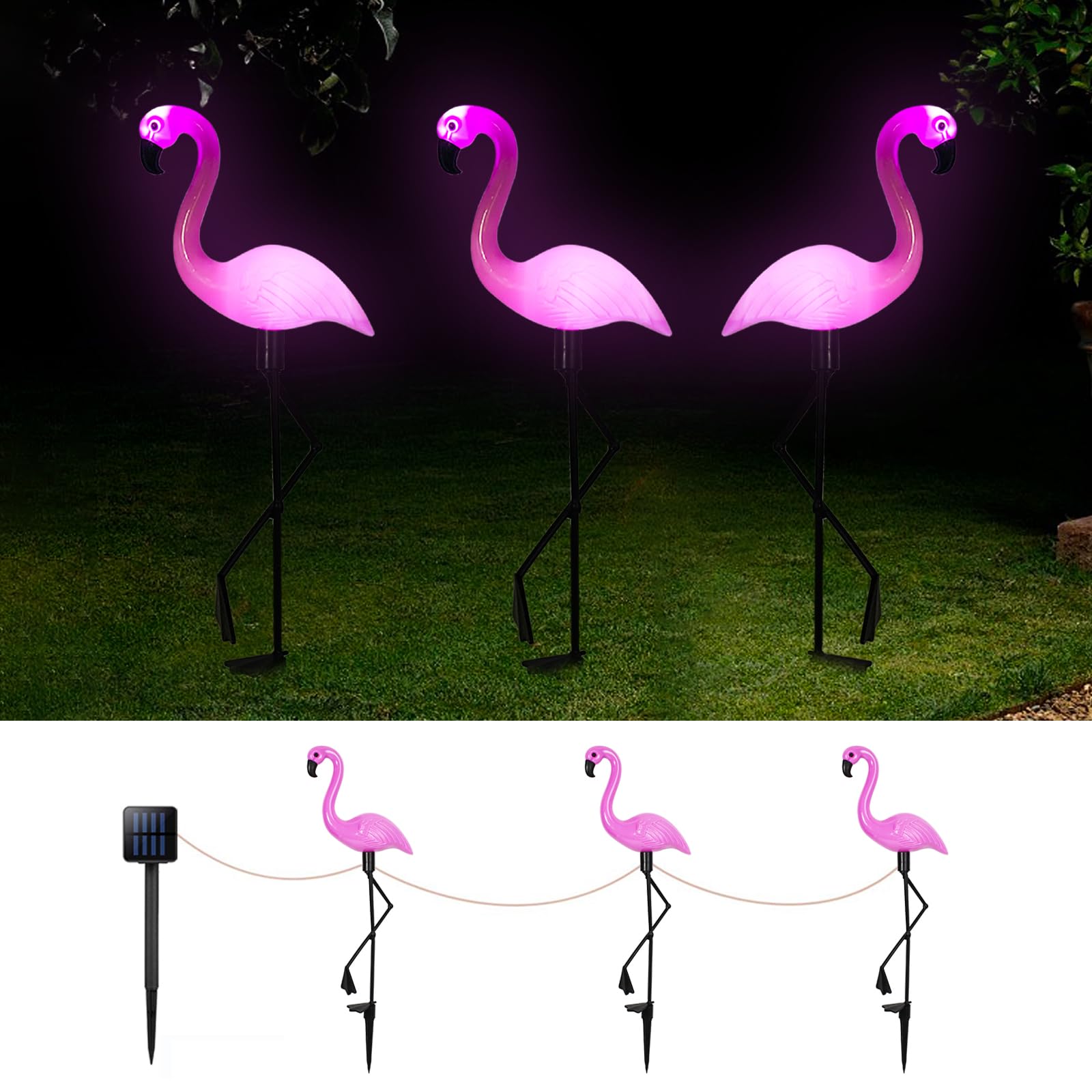 Ratopo Solar Flamingo Light 3 Pcs, Waterproof Solar Garden Lights Outdoor Decor, Pink Flamingo Garden Decor, Birthday Christmas New Home Gift, For Yard Lawn Walkway Pathway