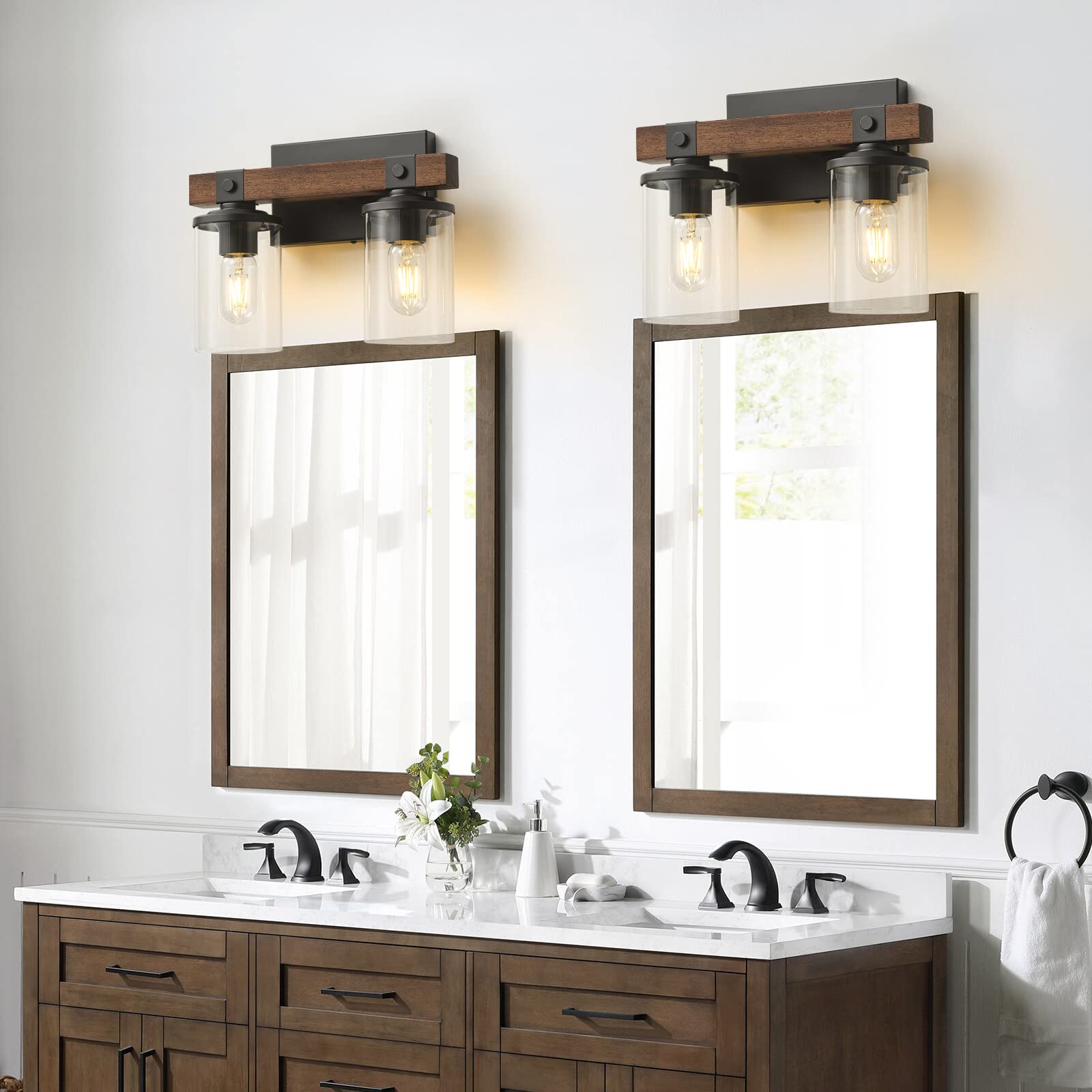 GoYeel Farmhouse Vanity Lights, 2-Light Rustic Wall Sconce, Antique Wood, Clear Glass Shade, Vintage Style for Bathroom and Hallway