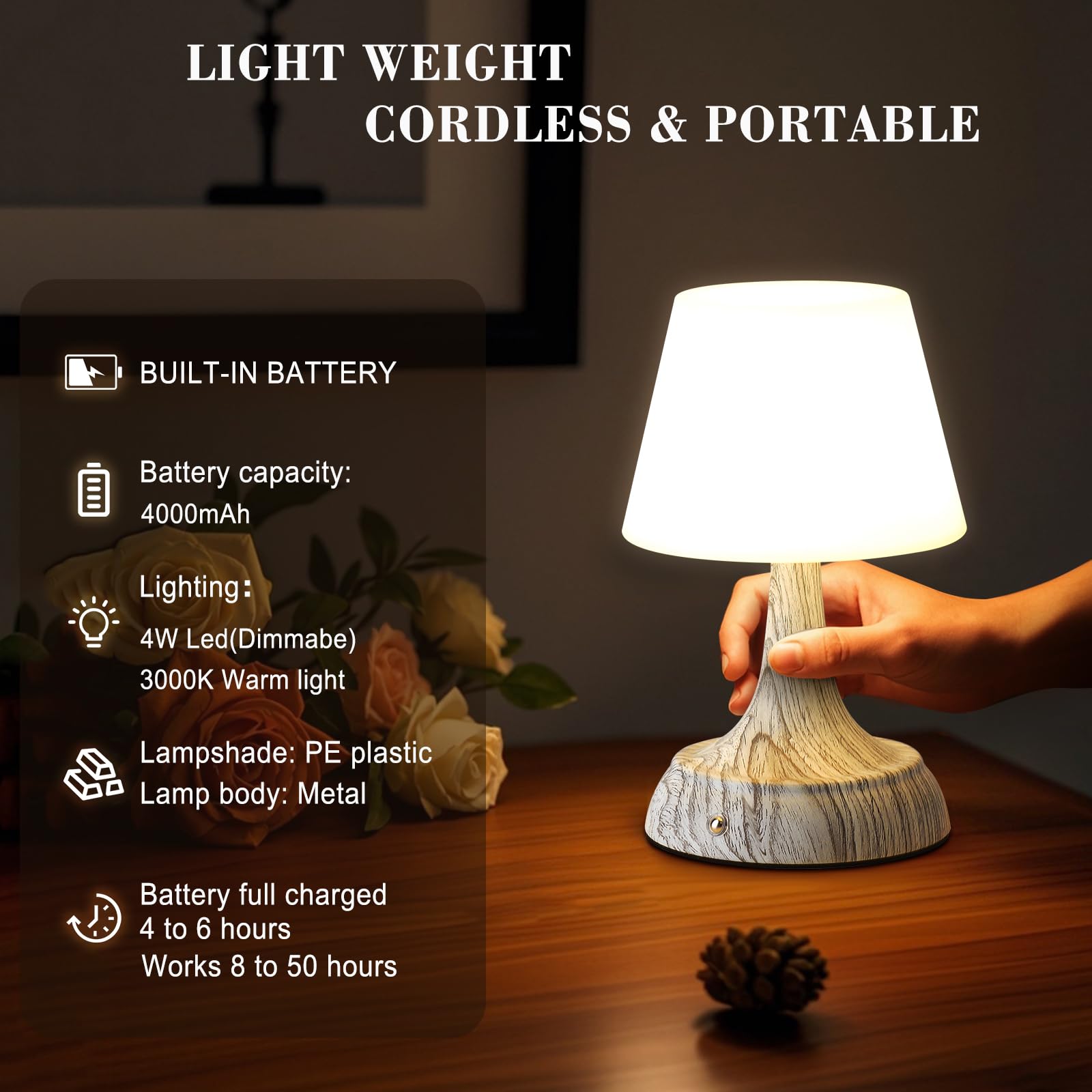 YEEZEMA Cordless Modern Table Lamp, Portable Rechargeable Battery Operated Waterproof Shower Lamp Ambient Light with Touch Dimma