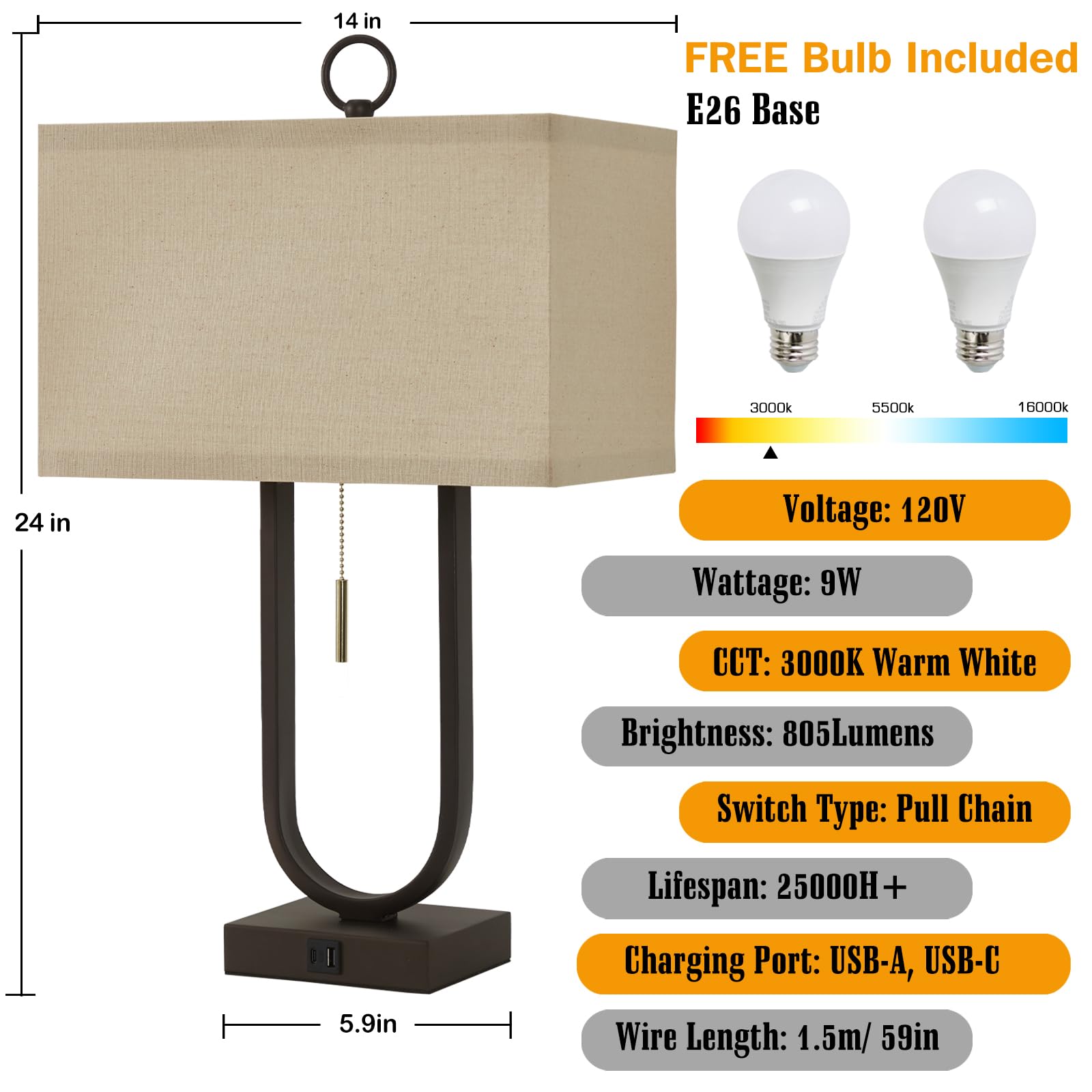 Luvkczc Nightstand Lamps Set Of 2 With Usb C+A Ports, 24'' Tall Table Lamp With Two 3000K Led Bulbs, Beige Lampshade, Modern Bedside Lamp For Living Room, Bedroom, Office