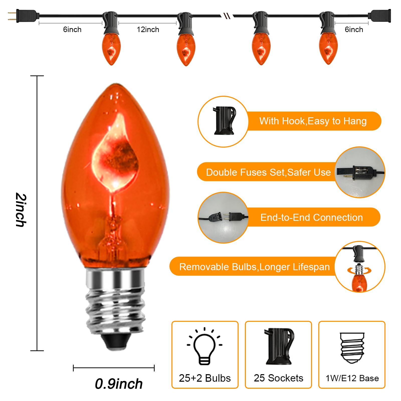 SUNSGNE C7 Outdoor String Lights with 27 Orange Flame Bulbs, 25FT, E12 Base, Black Wire, Halloween Christmas Decor