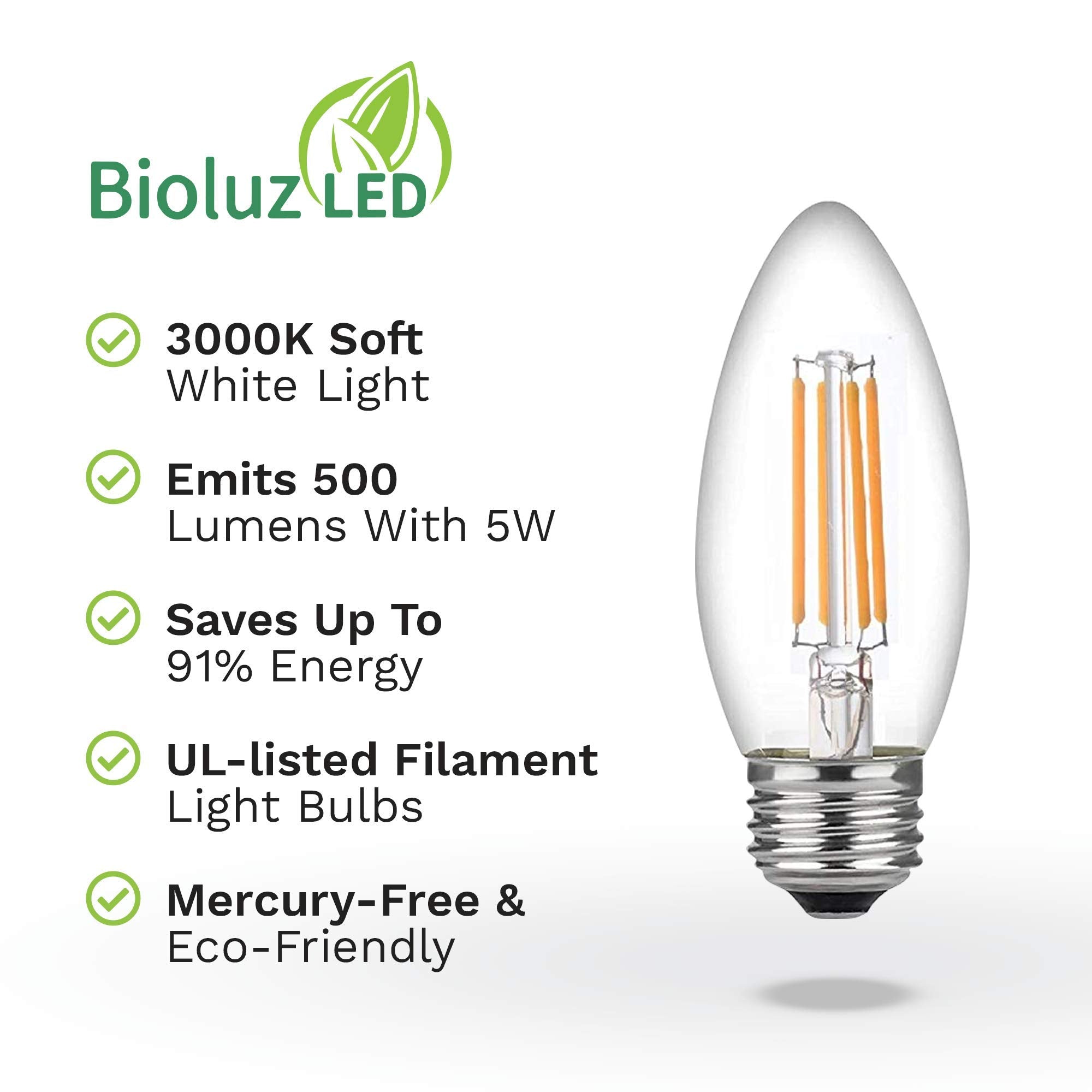 Bioluz LED Candelabra Bulbs 60W Equivalent Soft White 3000K E26 Base 6-Pack Filament Glass