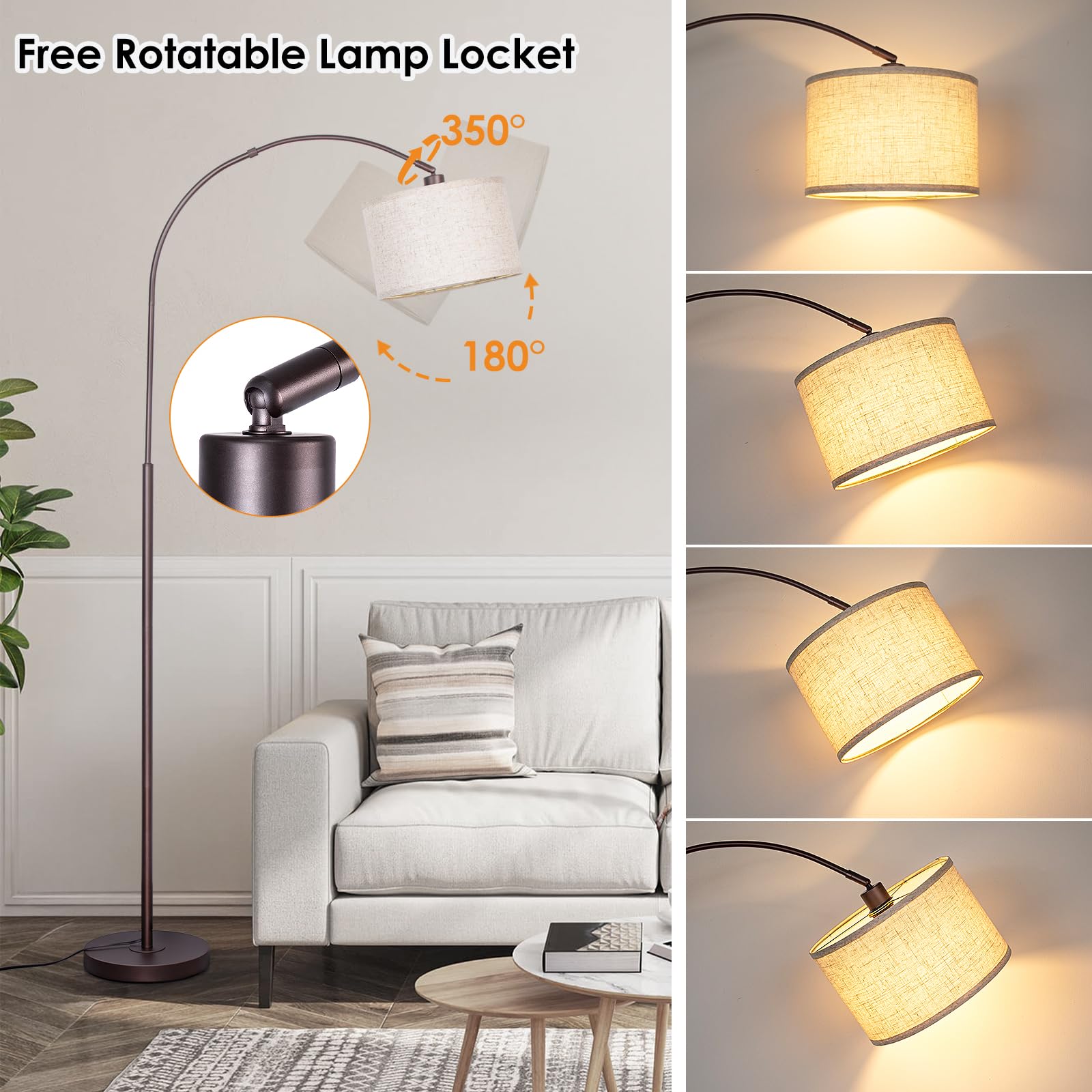 Qingmiao Arc Floor Lamp with Remote, Dimmable Bulb, Metal, Brown, Model QM-FL-ARC