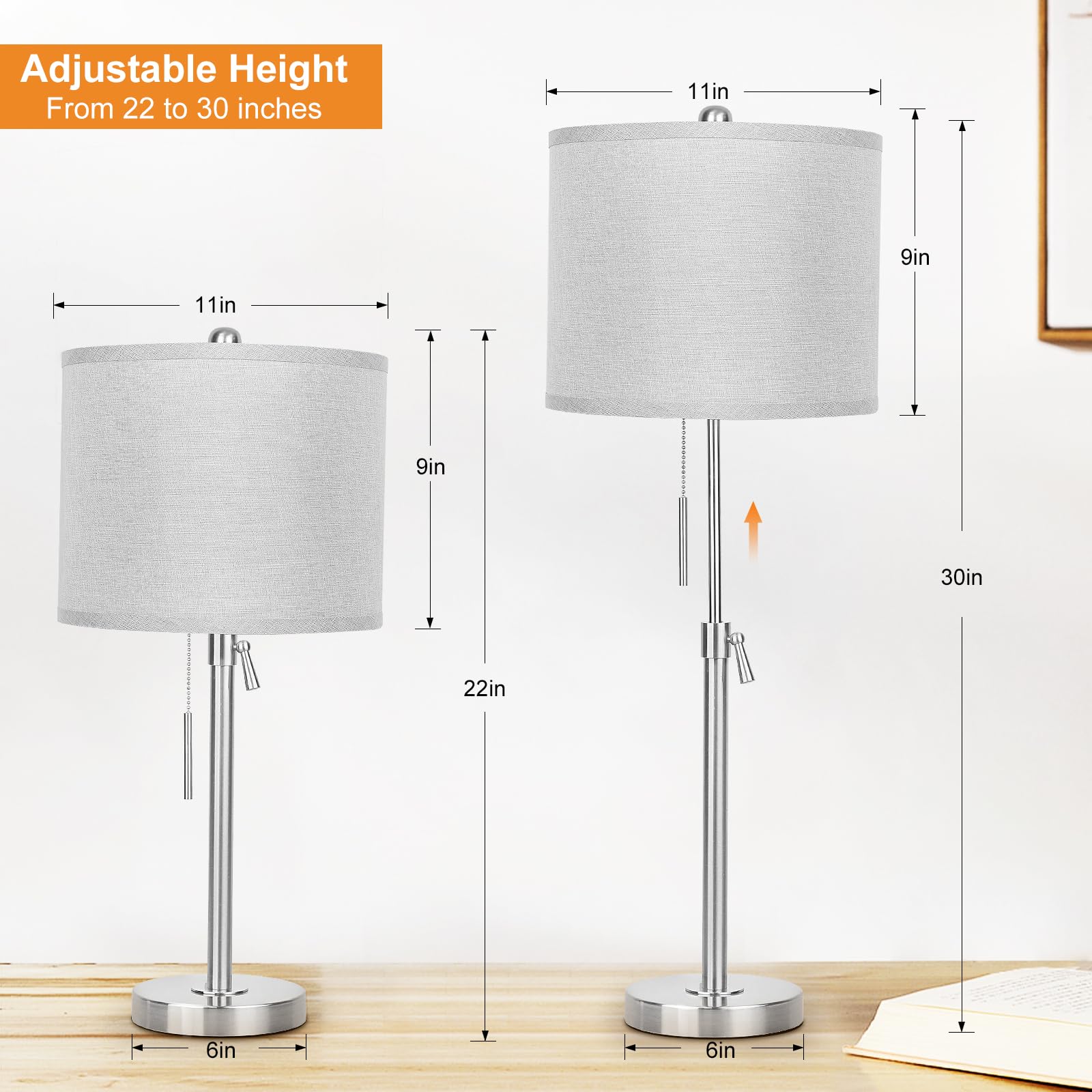 Brushed Nickel Table Lamps Set Of 2: 22'' To 30'' Height Adjustable Nightstand Lamps With Grey Linen Shade Pull Chain Switch Sil