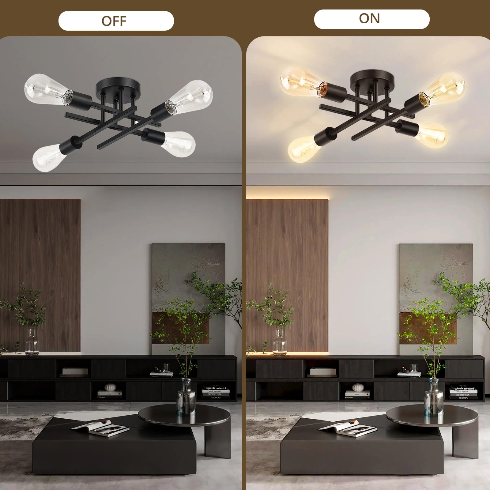 Maichixin 4-Light Black Ceiling Light Fixture, Metal Semi Flush Mount, Modern Design for Dining Room and Bedroom