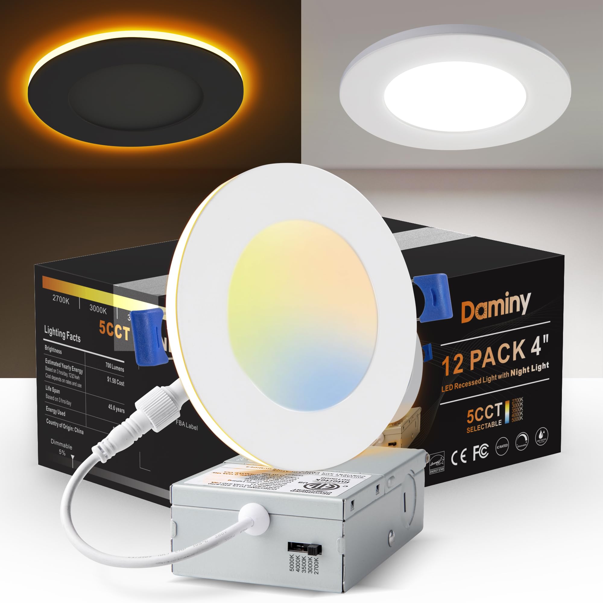 DAMINY 12 Pack 4 Inch 5CCT LED Recessed Light with Night Light,Ultra-Thin,Canless recessed Lighting 4 in,9W=80W,700LM,Dimmable W