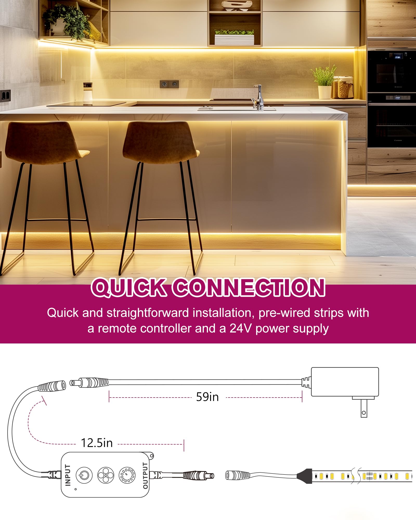 Emitever Led Strip Lights Kit Warm White With Remote & 24V Power Supply 16.4Ft Dimmable Tape Light 3000K  High Density 600Leds  240+Lm/Ft  Cri95+  Suitable For Bedroom Kitchen Under Cabinet Lighting