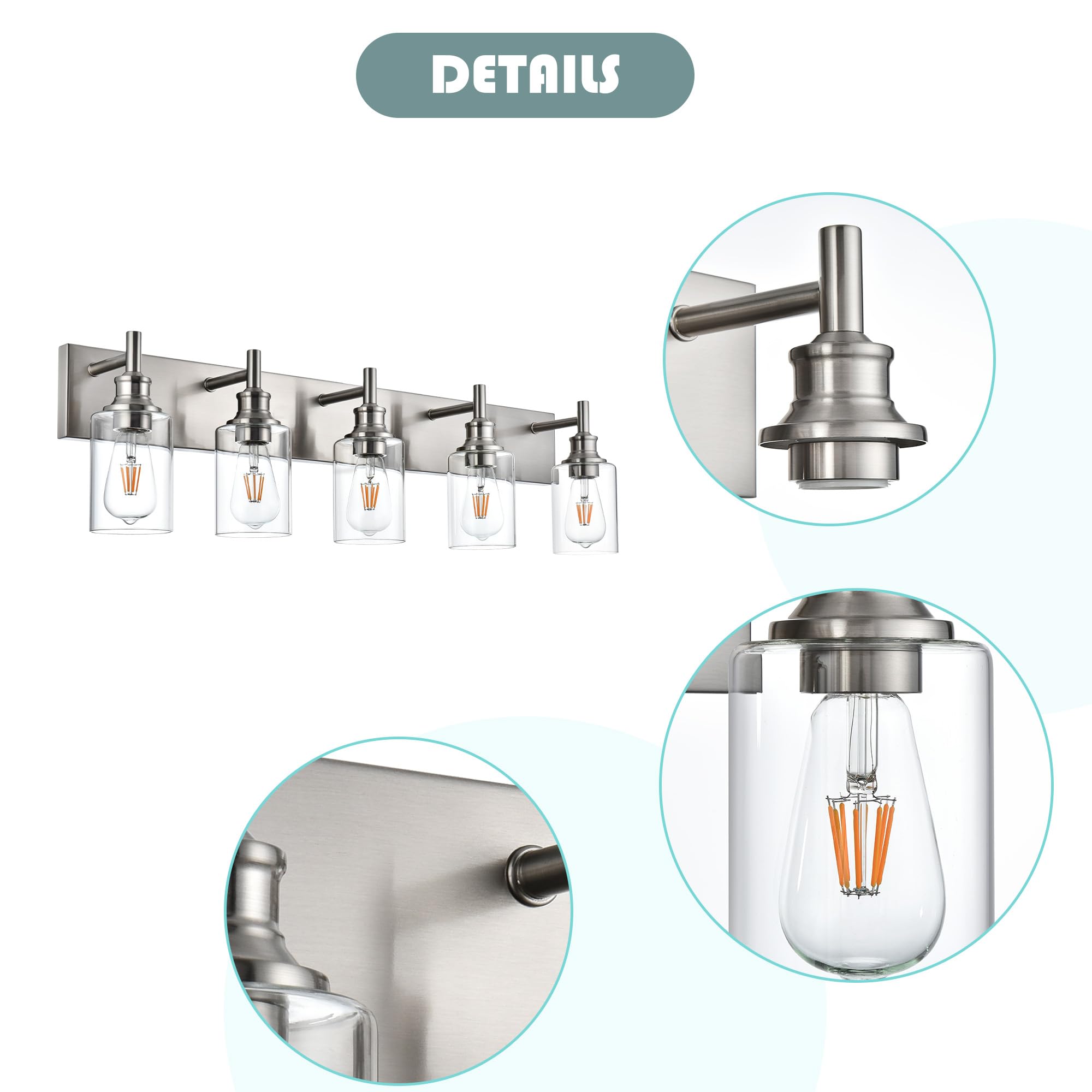 Wanluce 5 Light Bathroom Vanity Lighting Fixture, Brushed Nickel, Industrial Style, Model 16111-5W-SN