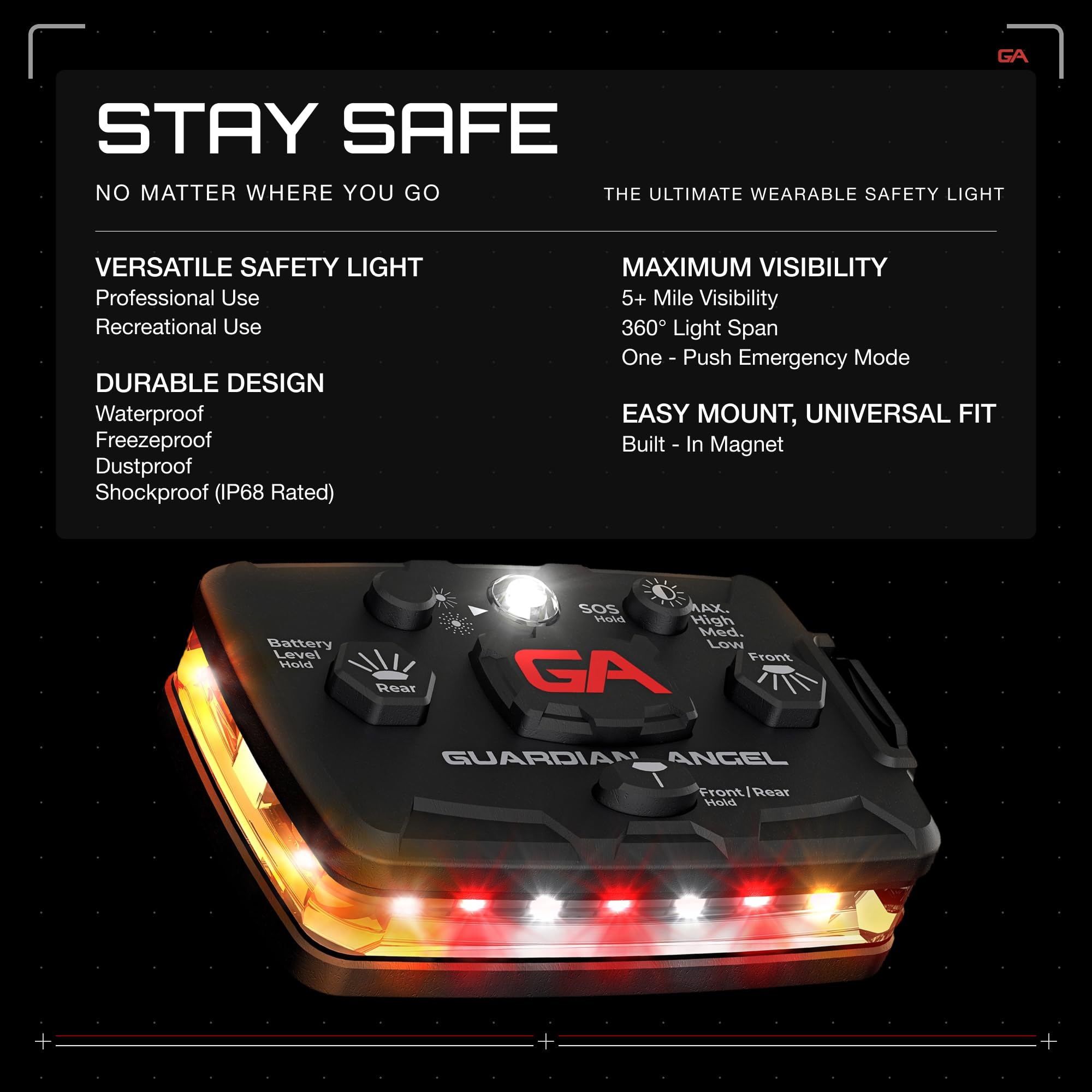 Guardian Angel Elite Series Safety Light (Orange/White/Red Front & Orange Rear) - Rechargeable, Magnetic, Hands-Free Wearable Le