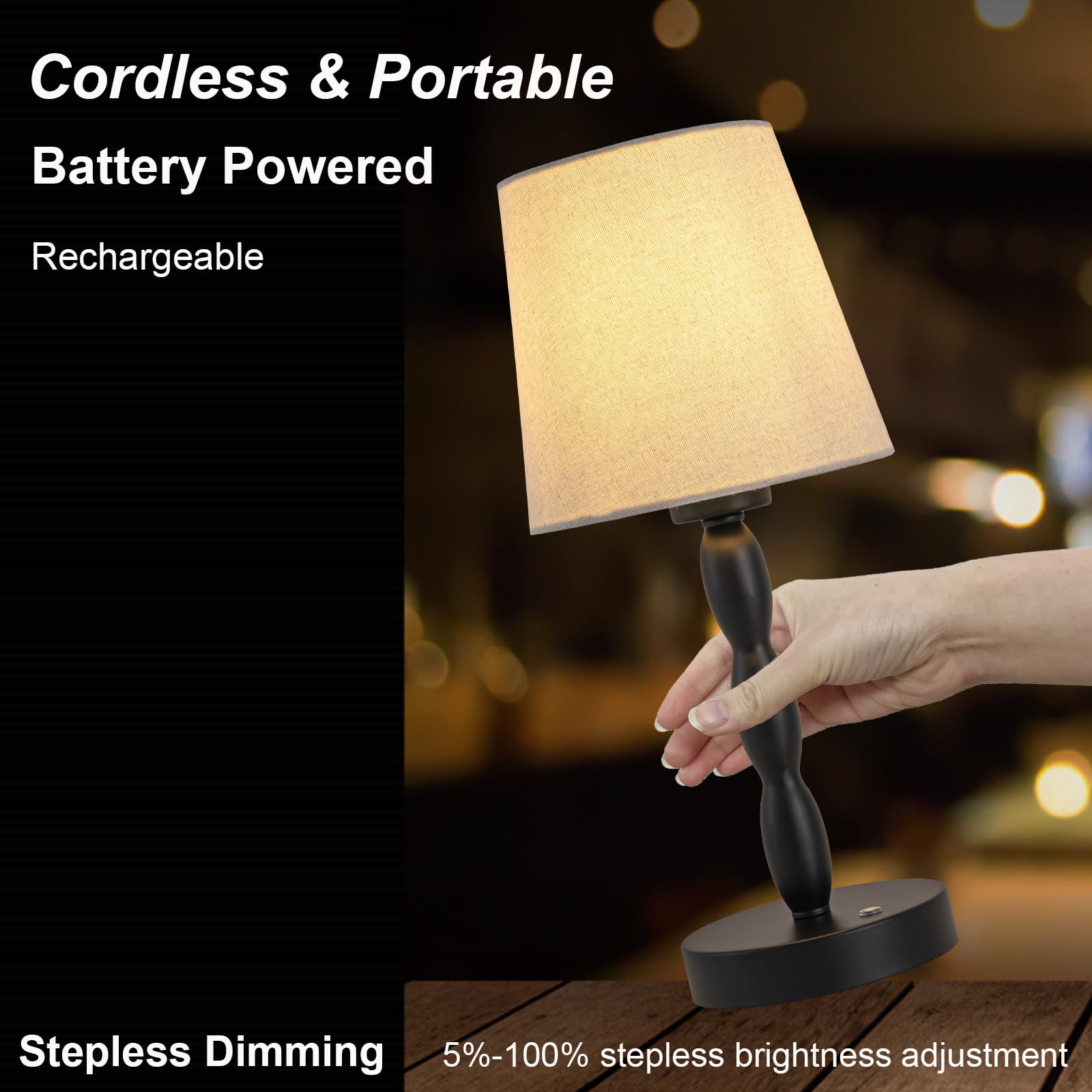 CASTLELIFE Portable Cordless Table Lamp - Touch Control, Rechargeable, 3-Level Brightness, Dimmable, Black - Ideal for Bedroom, Restaurant, Outdoor