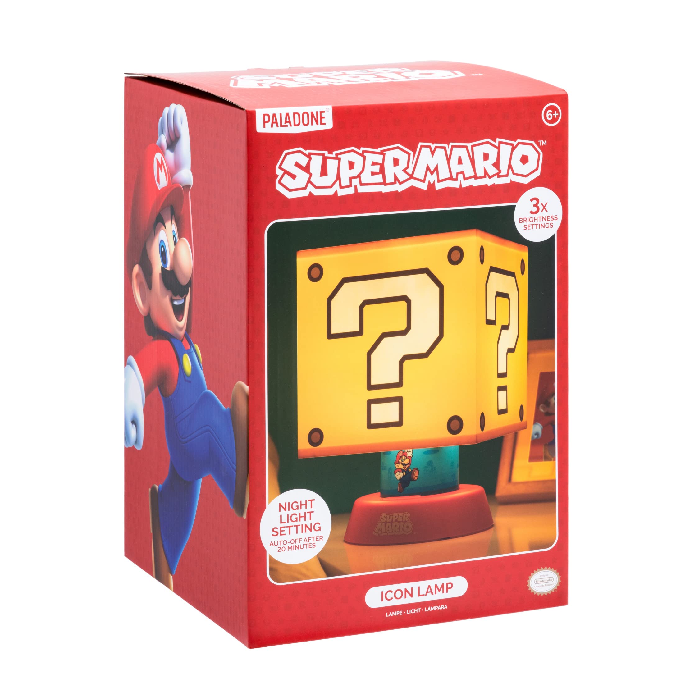 Paladone Super Mario Icon Lamp - 3 Brightness Settings, Auto Shut Off, Yellow, Model PP9318NN, Plastic Bedside Decor for Kids