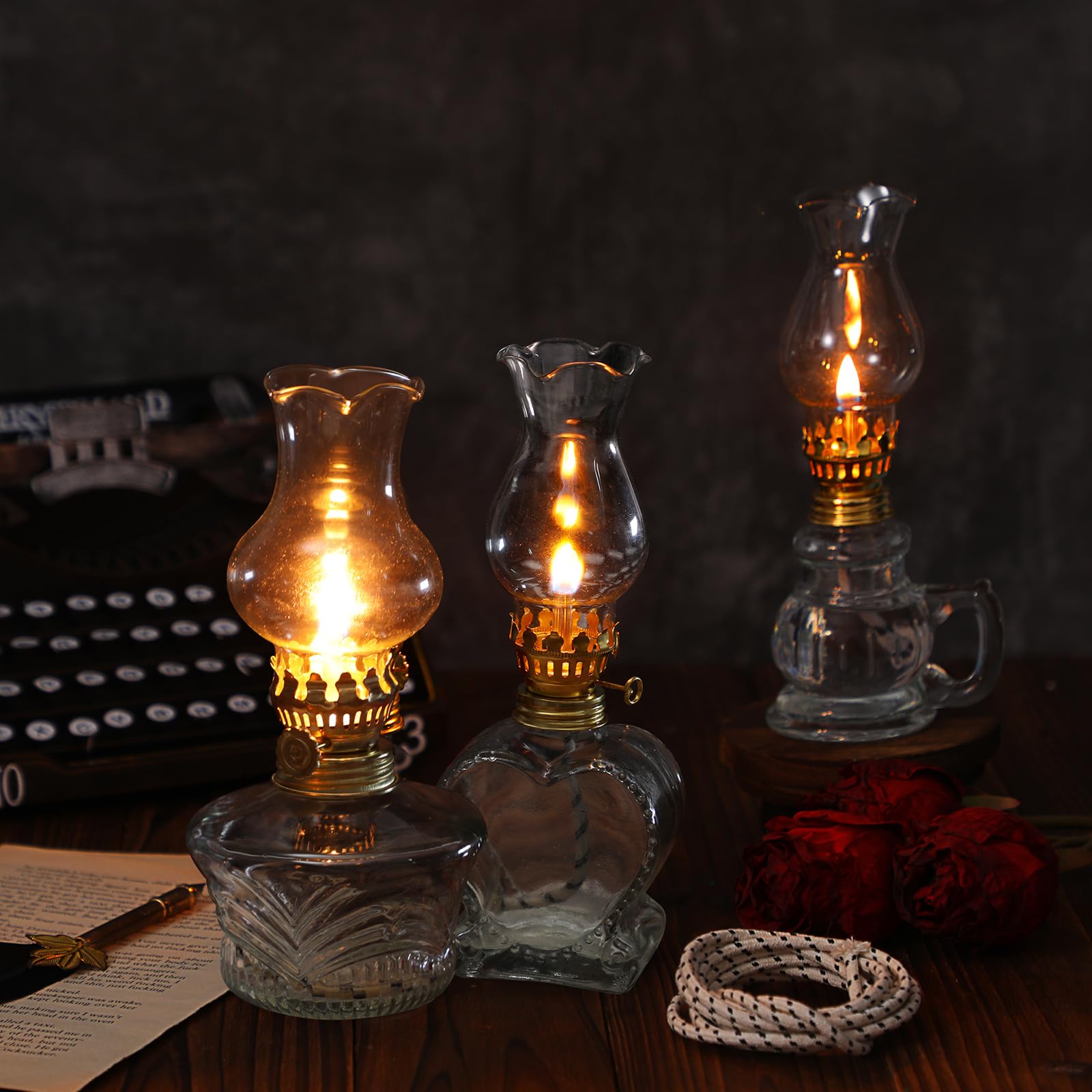 Yexiya 6 Pcs Oil Lamp Vintage Glass Kerosene Lamp Rustic Lantern Chamber Oil Lamps Clear Kerosene Lamp Hurricane Lamp With 6.6 Ft Extra Wick For Indoor Use Home Decor Emergency (Heart)