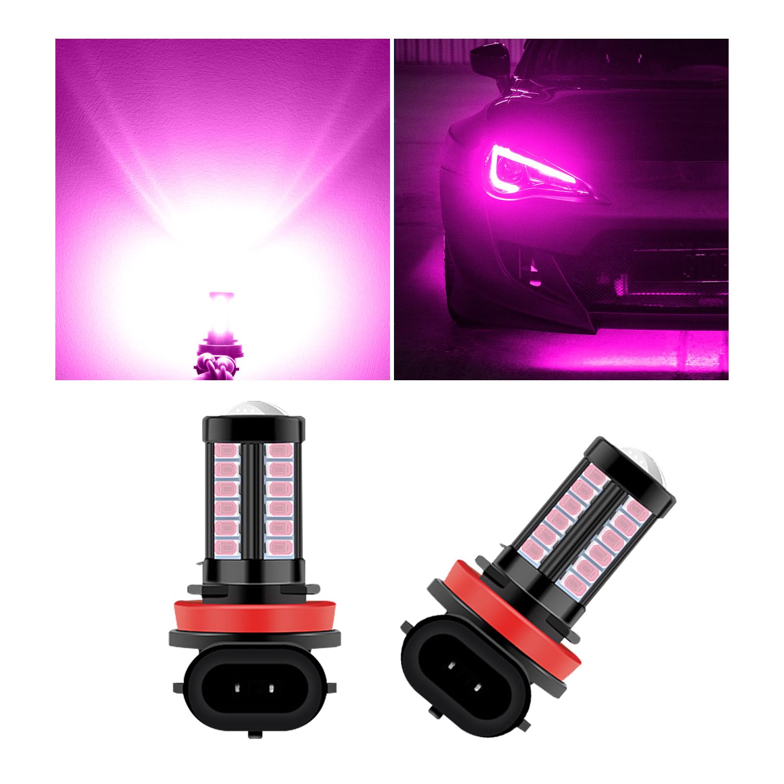Yourkar H8 H11 LED Fog Light Bulbs, 12V Plug and Play, Aluminum, Pink, Compatible with Most Cars, Trucks, SUVs