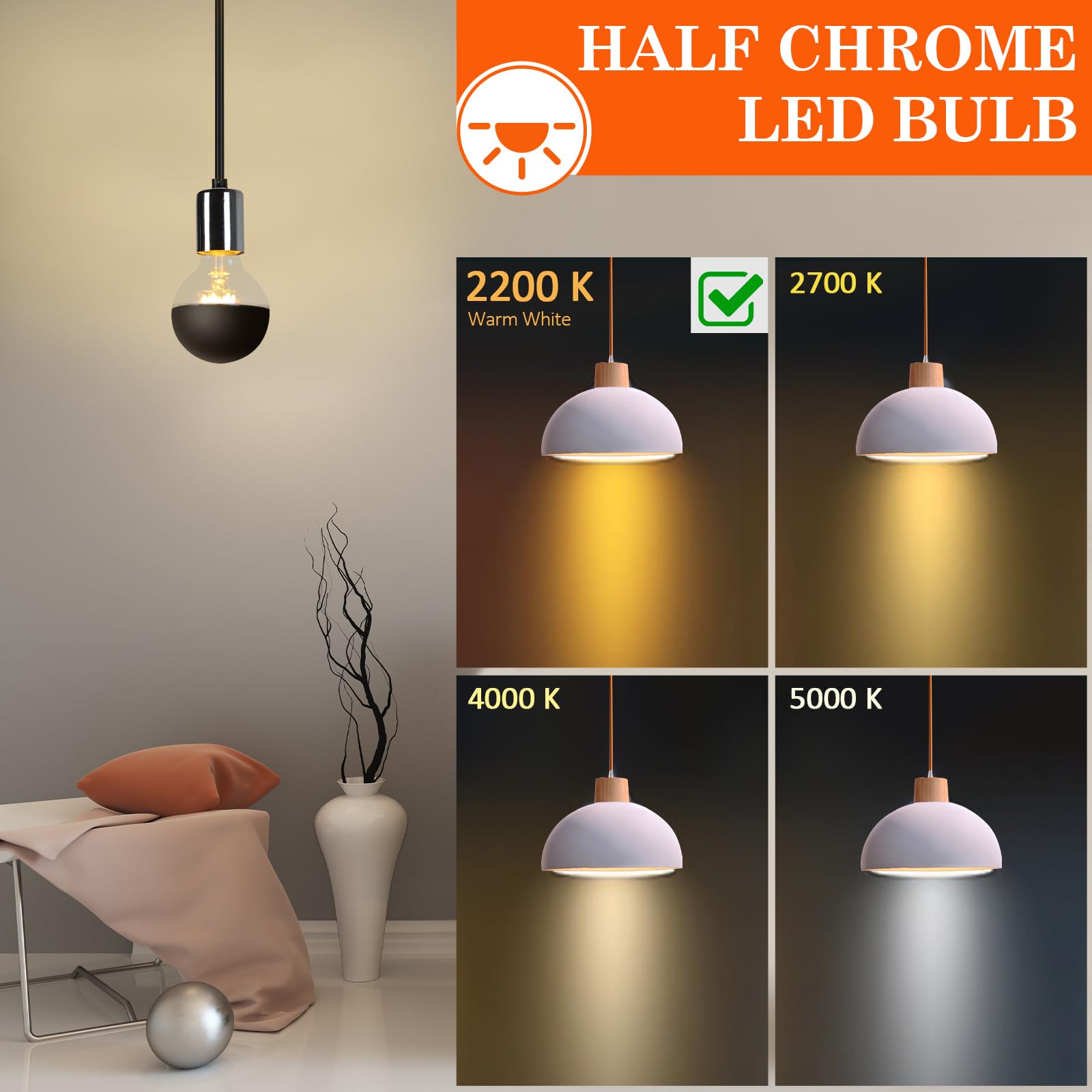 Omed G80 2200K Warm White Anti Glare Half Black Chrome Led Light Bulbs, E26 Dimmable Globe Dipped Edison Bulbs, 6 Watt 600 Lumen