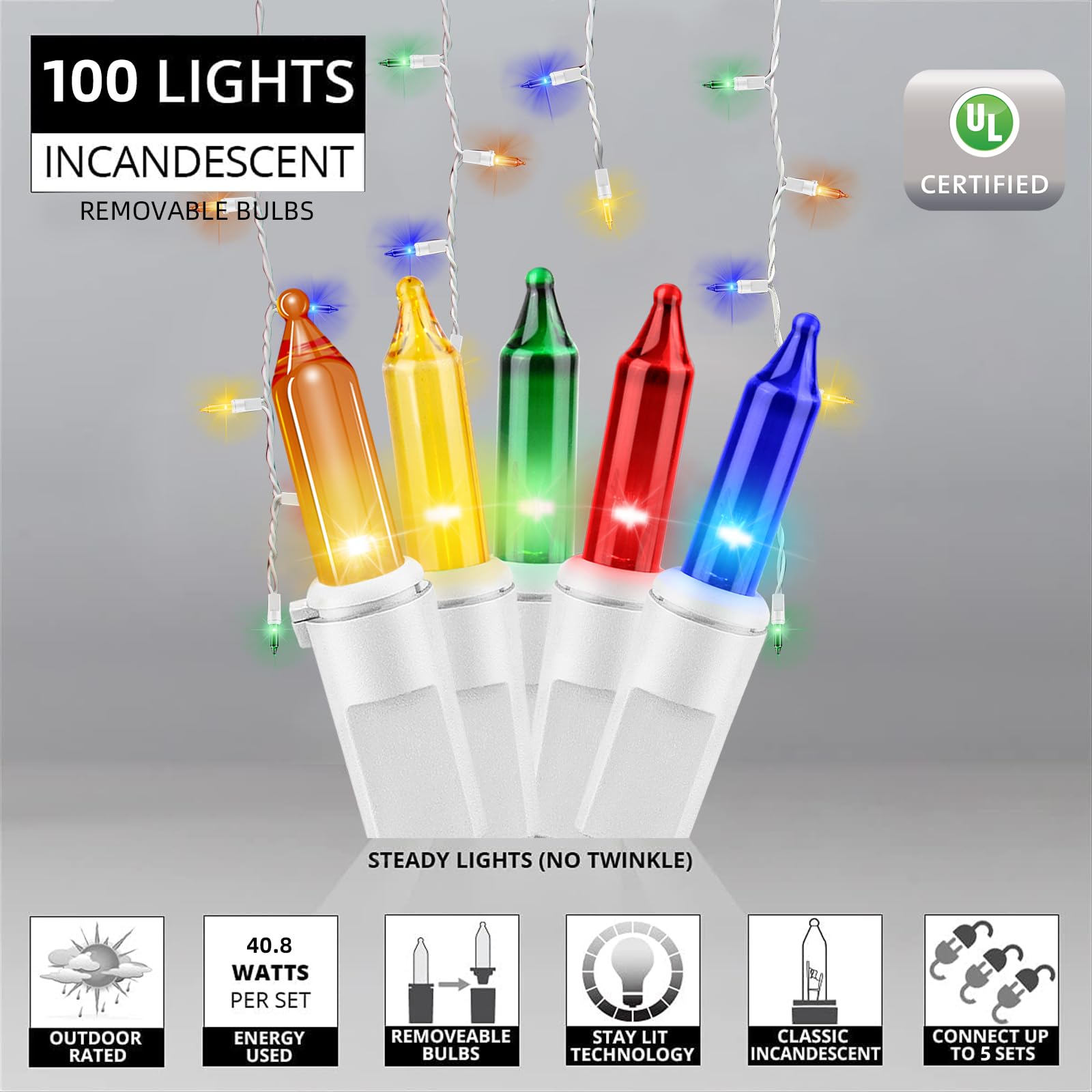 LAMPHOME 6.2FT Icicle Lights, 100 Multicolor Indoor/Outdoor Christmas Lights, White Wire, Model L8525