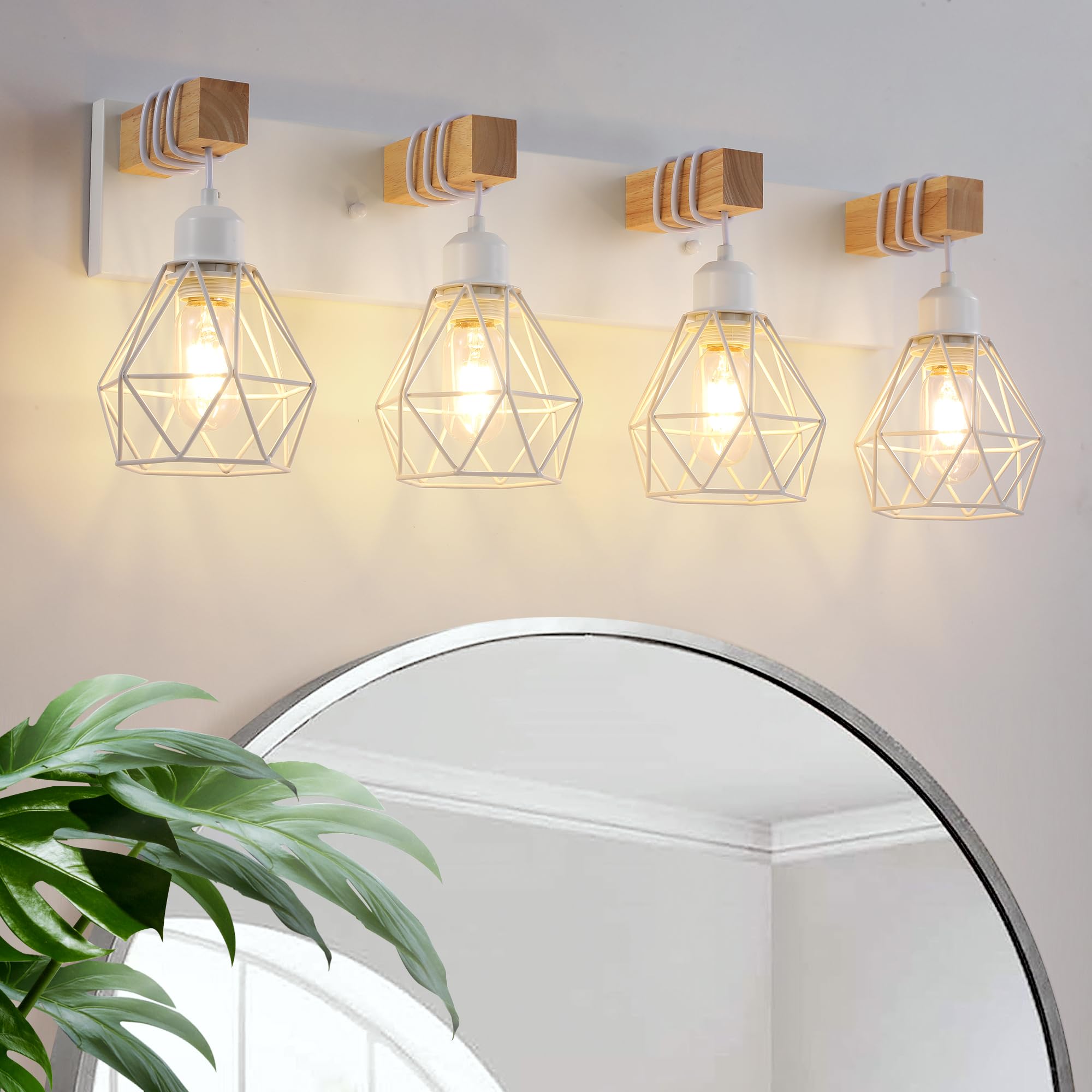 Farmhouse Vanity Light For Bathroom, 4-Light White Wood Bathroom Vanity Light Fixtures Over Mirror, Rustic Sconces Wall Lighting