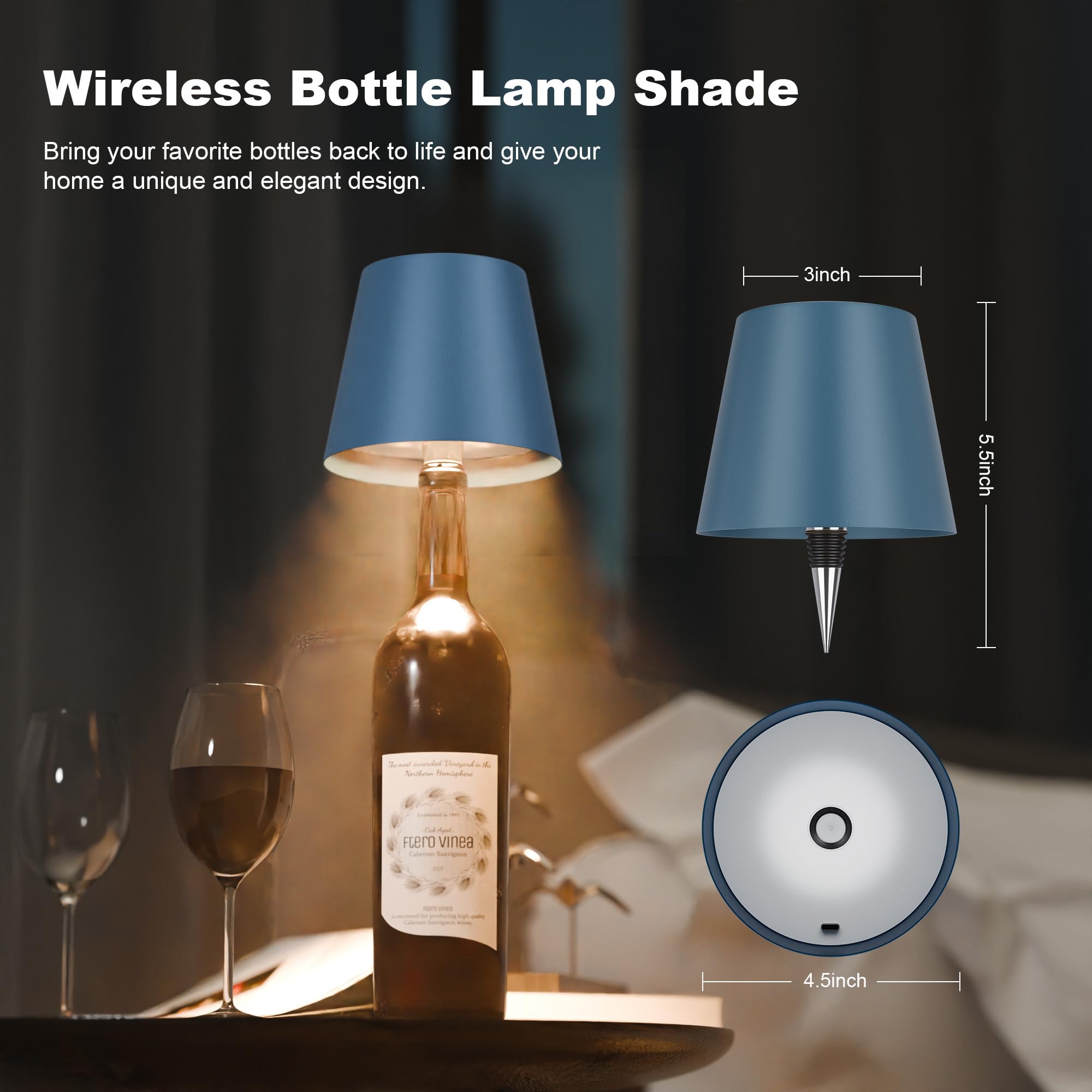 ULAROOM Wireless LED Table Lamp, Rechargeable USB-C, Dimmable Touch, Aluminum, Small Size, Blue