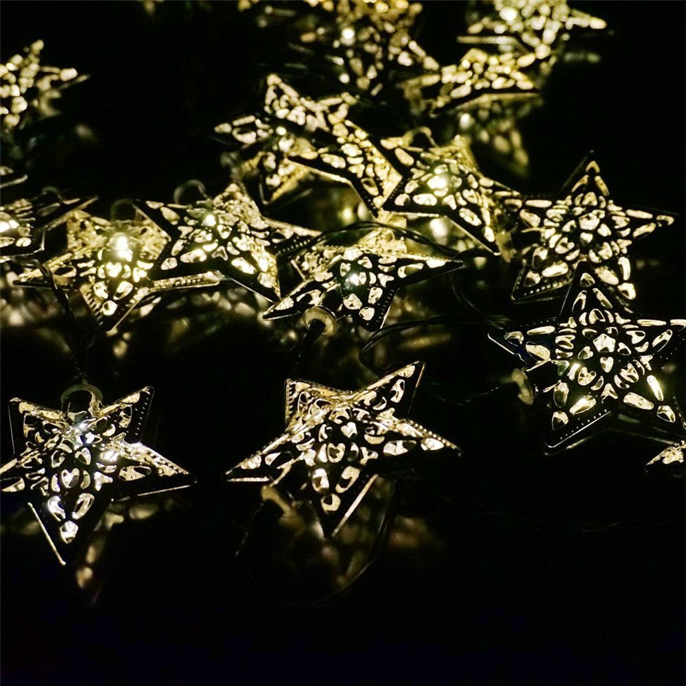 Hann Solar LED Star String Lights, 12ft, 20 Warm White LEDs, Gold, Model HA-001, for Garden, Home, Halloween, Christmas, Wedding Decor